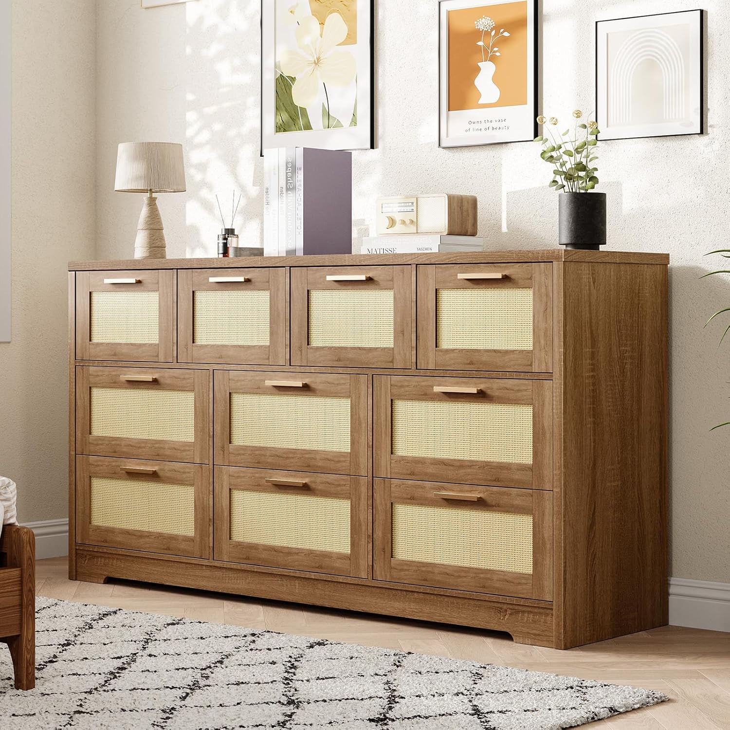 boho dresser handles GAOMON 10 Drawer Rattan 59 inch Dresser with Gold Metal Wood Closet Storage Chest of Drawers for Bedroom Living Room Hallway Nursery Entryway Natural in the Dressers department at Wooden knobs