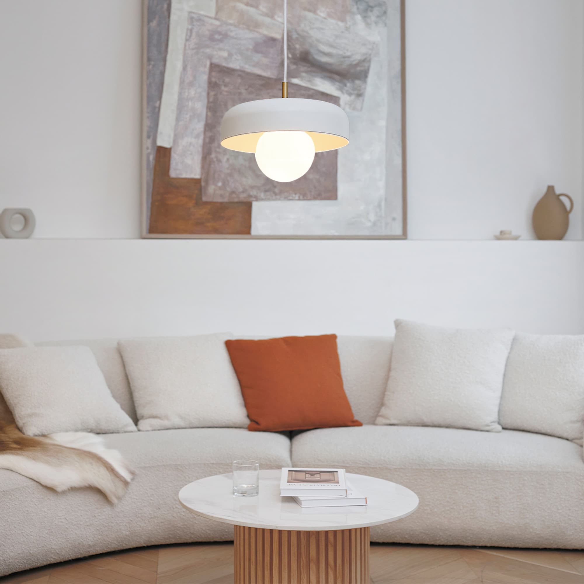 Adjustable Matte White Metal Pendant with Brass Accents