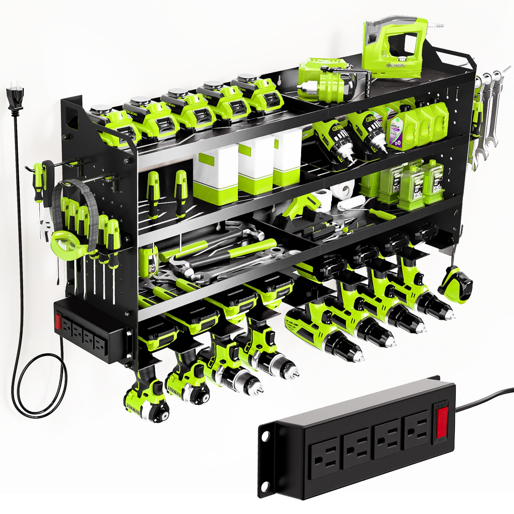 HAUSOURCE Heavy Duty Wall Mount Power Tool Organizer with 4 Charging Stations and 8 Drill Holders for Garage in Black
