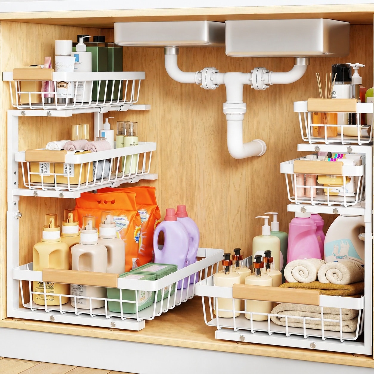 KIWDZFU  Under Sink Organizer 2 pack 3 Tier Adjustable Metal Pull Out Cabinet Shelf Slide Out Storage Drawer for Bathroom Kitchen Pantry Home