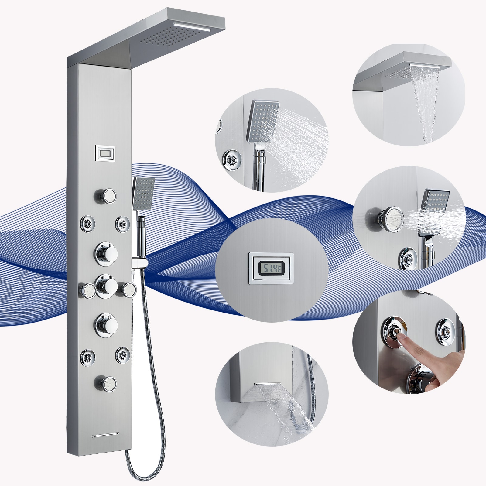BYH SS-5001-NPC Chrome Nickel 20-in Waterfall Dual Head Shower Tower System ( Ceramic Disc Valve Included )