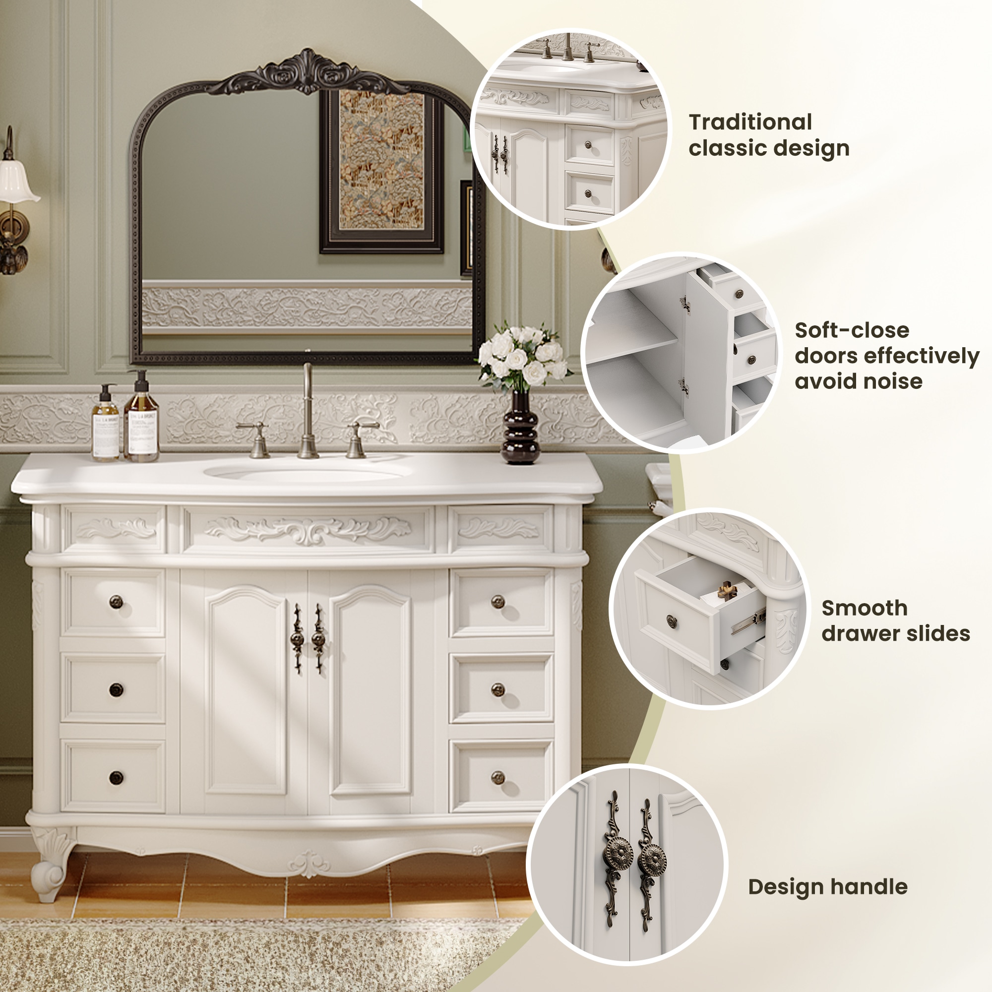 Antique White 48" Freestanding Single Vanity with Quartz Top