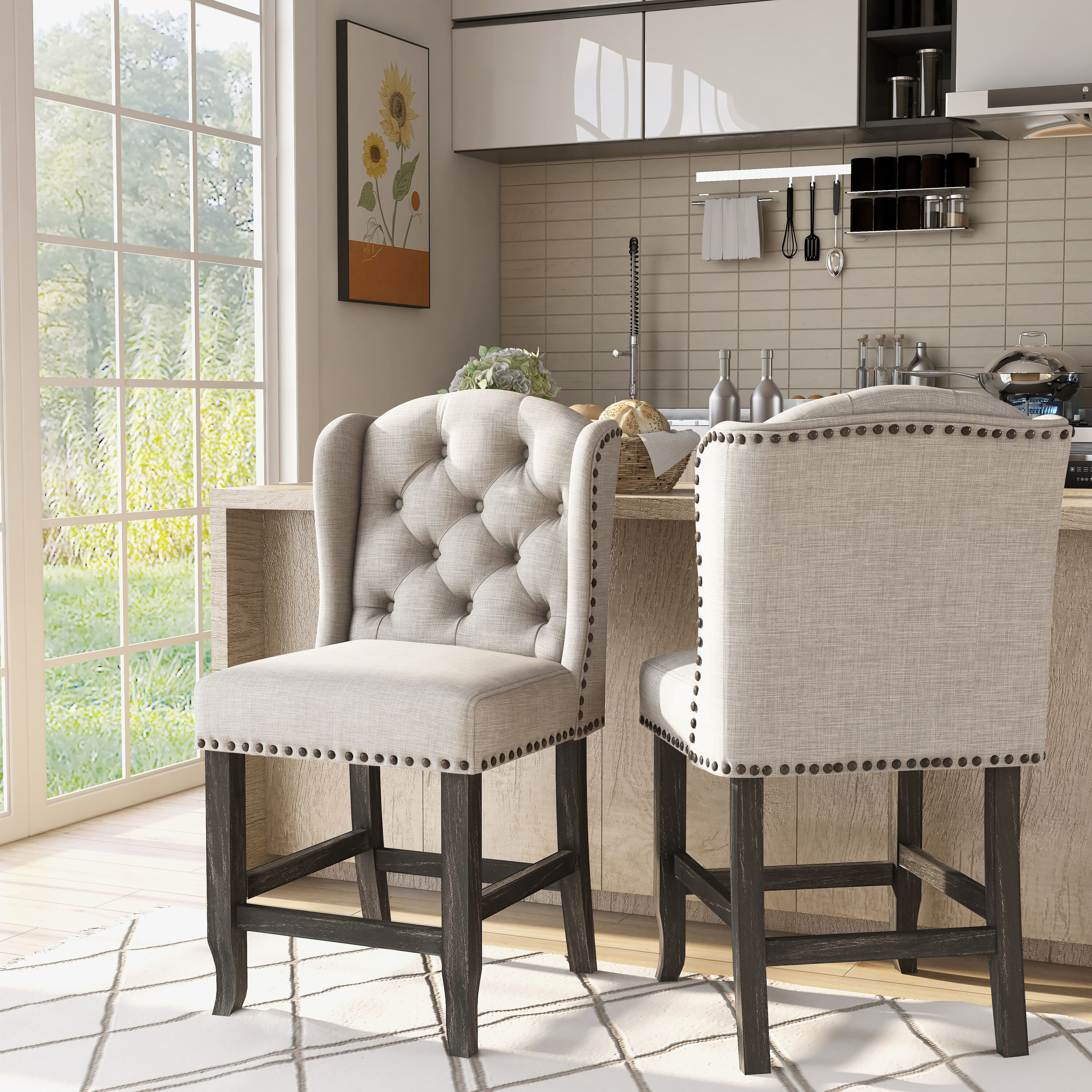 Furniture of America IDF-3324BK-PCW Druid hills Beige 25.25-in H Counter height Square seat Upholstered Wood Bar Stool and Back