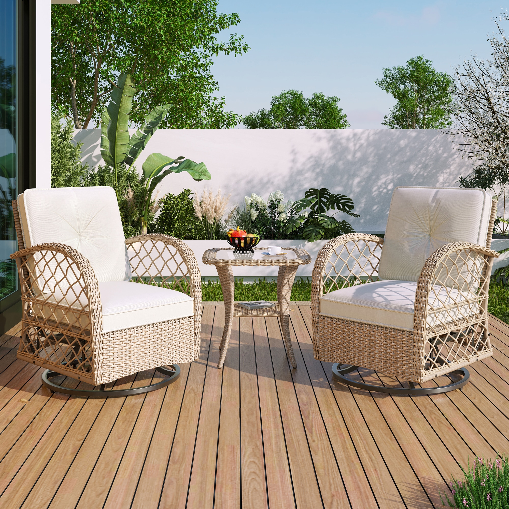 ModernLuxe L-N719P234190N 3-piece Outdoor ChairTable Set Chat Set 3 -Piece Rattan Patio Conversation Set with Off-white Cushions