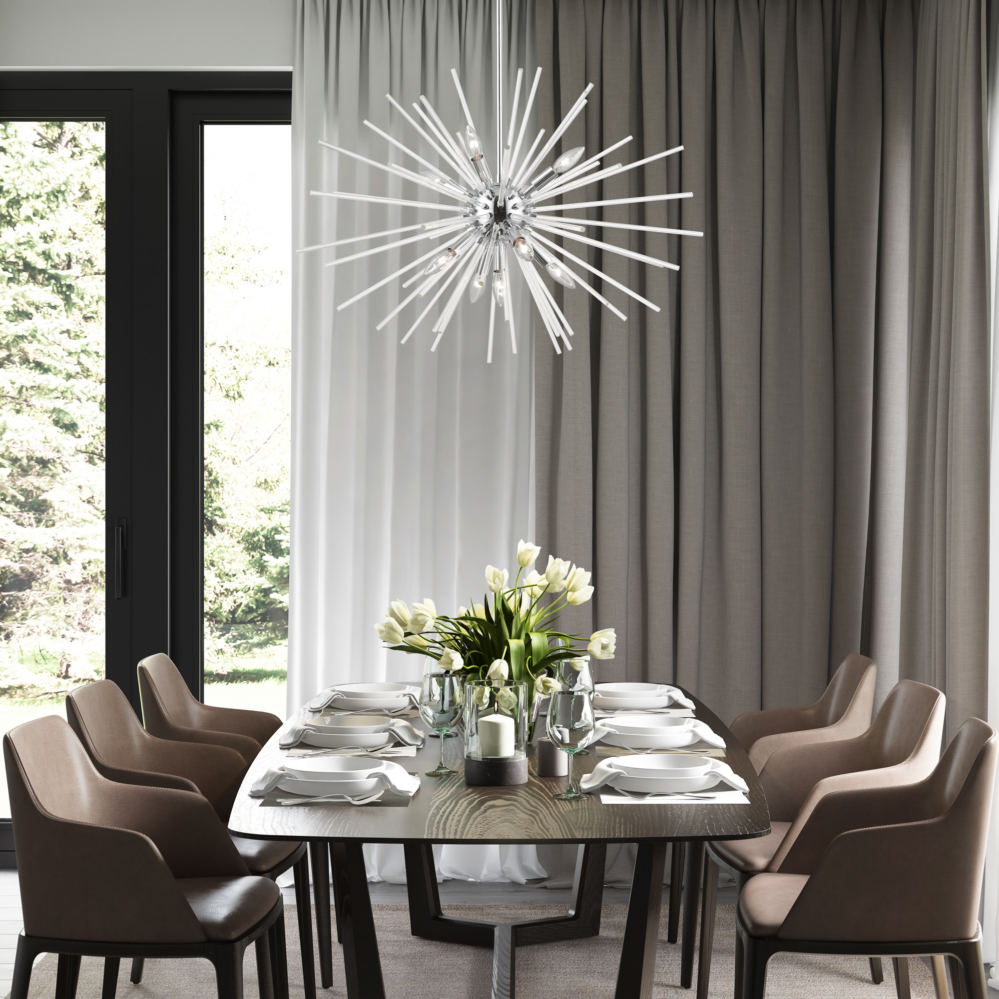 Polished Chrome 9-Light Pendant Chandelier with Clear Glass Rods