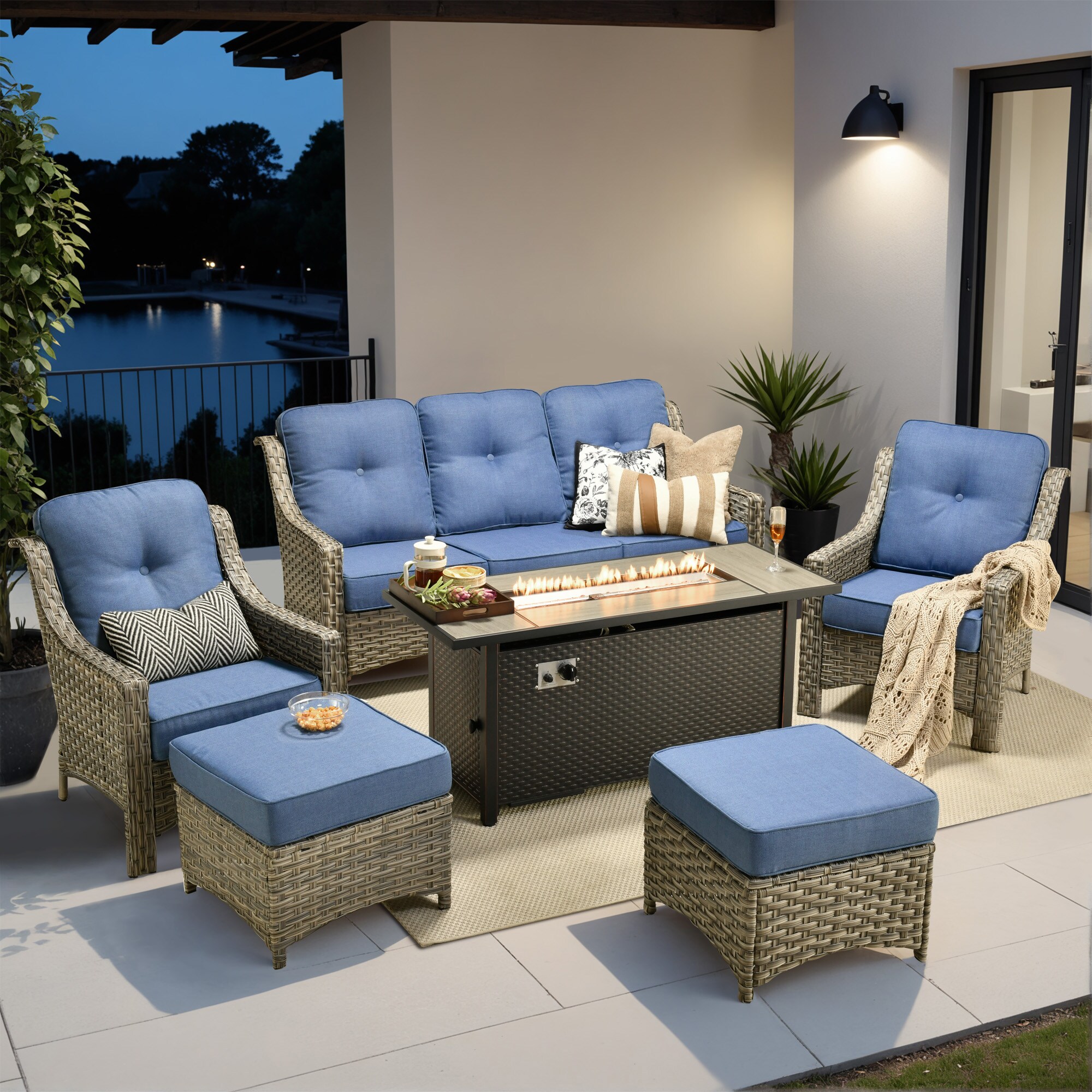weaxty HMBCFP8503-PAD506 Aireno 6 -Piece Wicker Patio Sofa Conversation Set with Blue Cushions