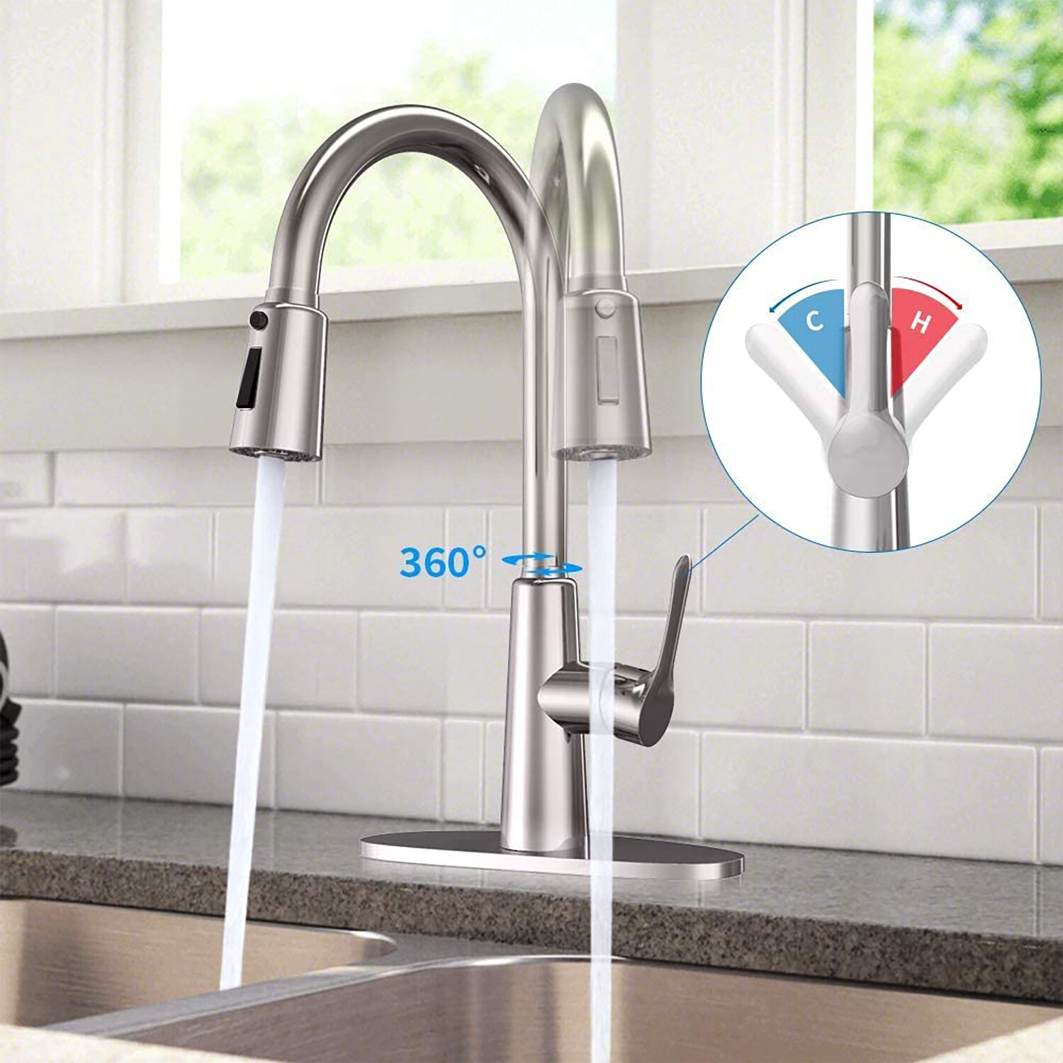 WELLFOR ZQ Kitchen Faucet Brushed Nickel Single Handle Pull-down Kitchen Faucet with Sprayer (Deck Plate Included) in the Kitchen... 