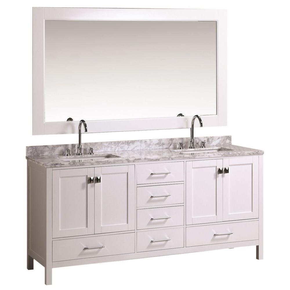 Design Element DEC082B-W London 72-in White Undermount Double Sink Bathroom Vanity with White Marble Top (Mirror Included)