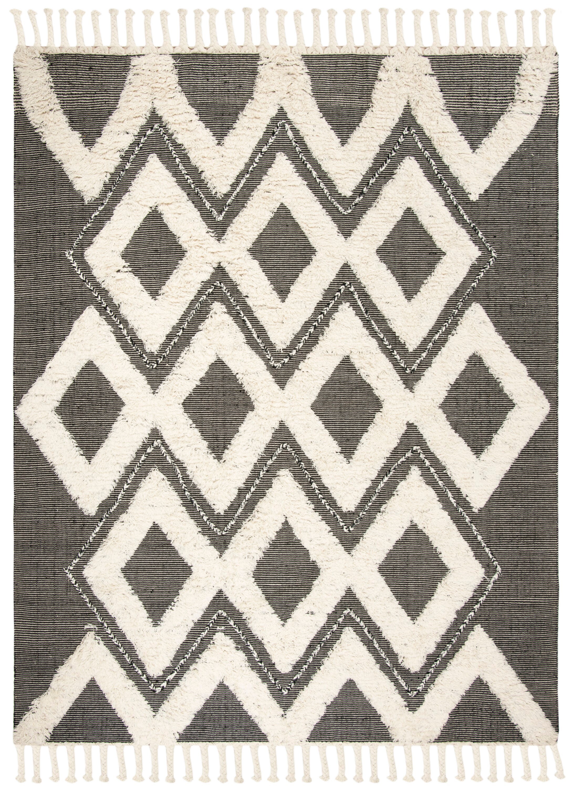 Hand-Knotted Black and Ivory Wool Geometric 8' x 10' Rug
