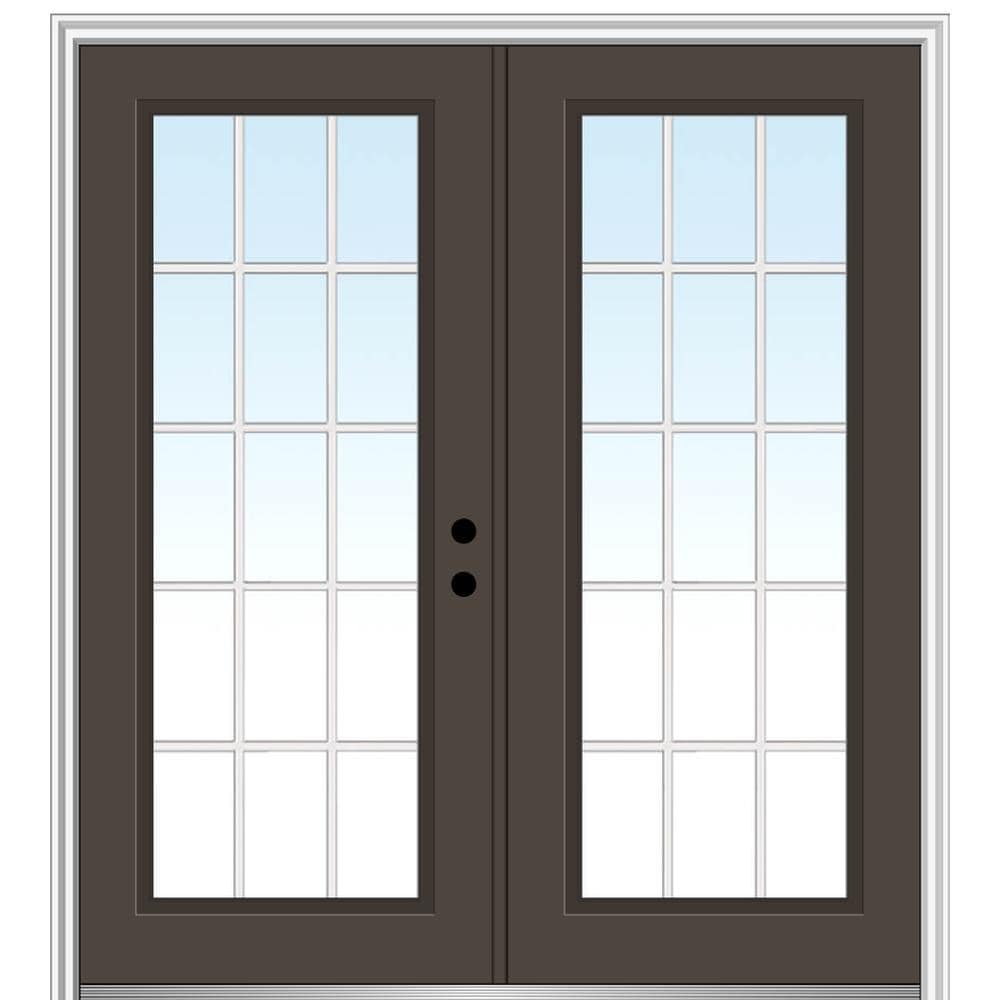 MMI DOOR ZZ04966L 72-in x 80-in x 4-9/16-in Fiberglass Full lite Left-hand inswing Brown Painted Prehung Double Front Door with Brickmould Insulating core with Grilles