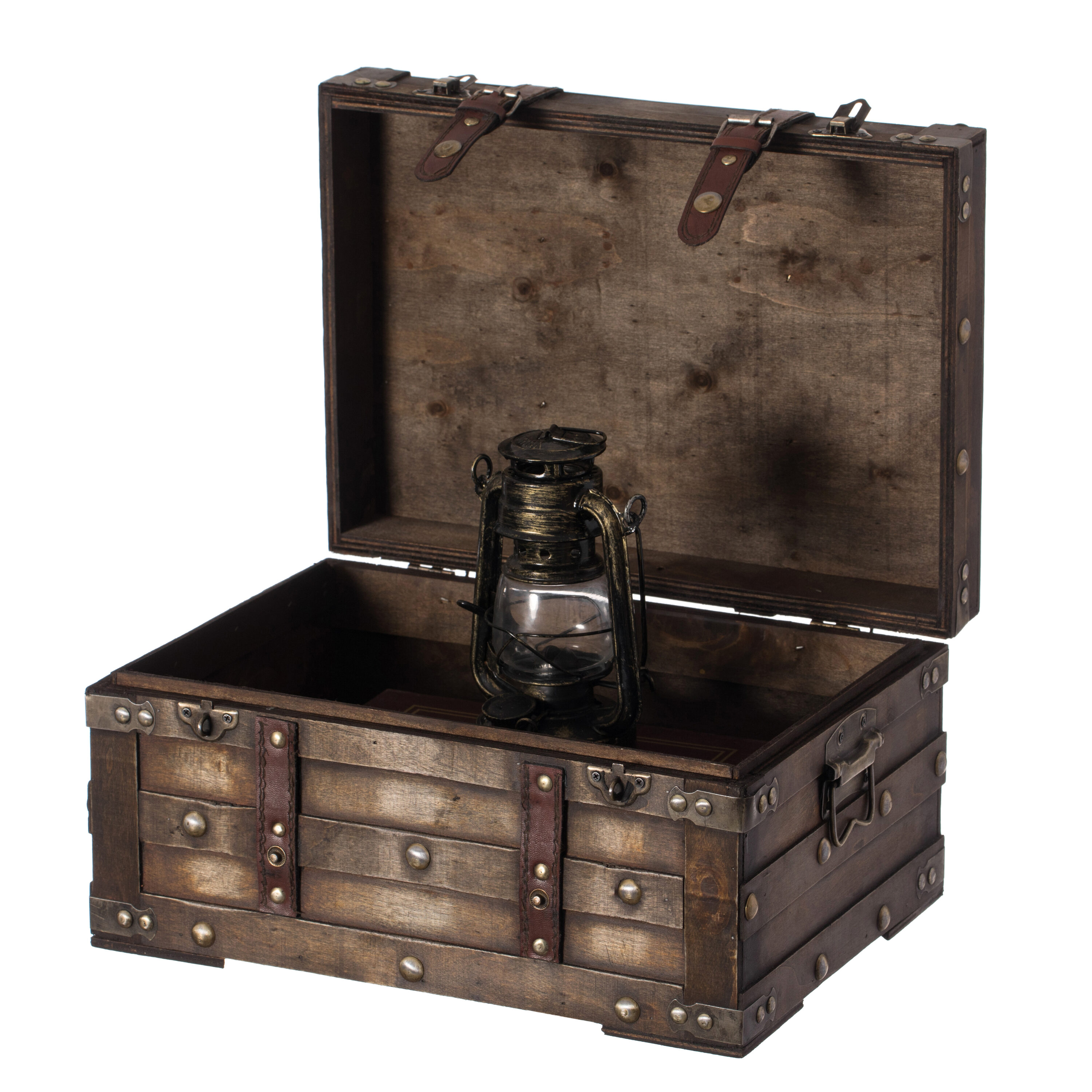 Small Brown Wooden Storage Trunk with Faux Leather Straps