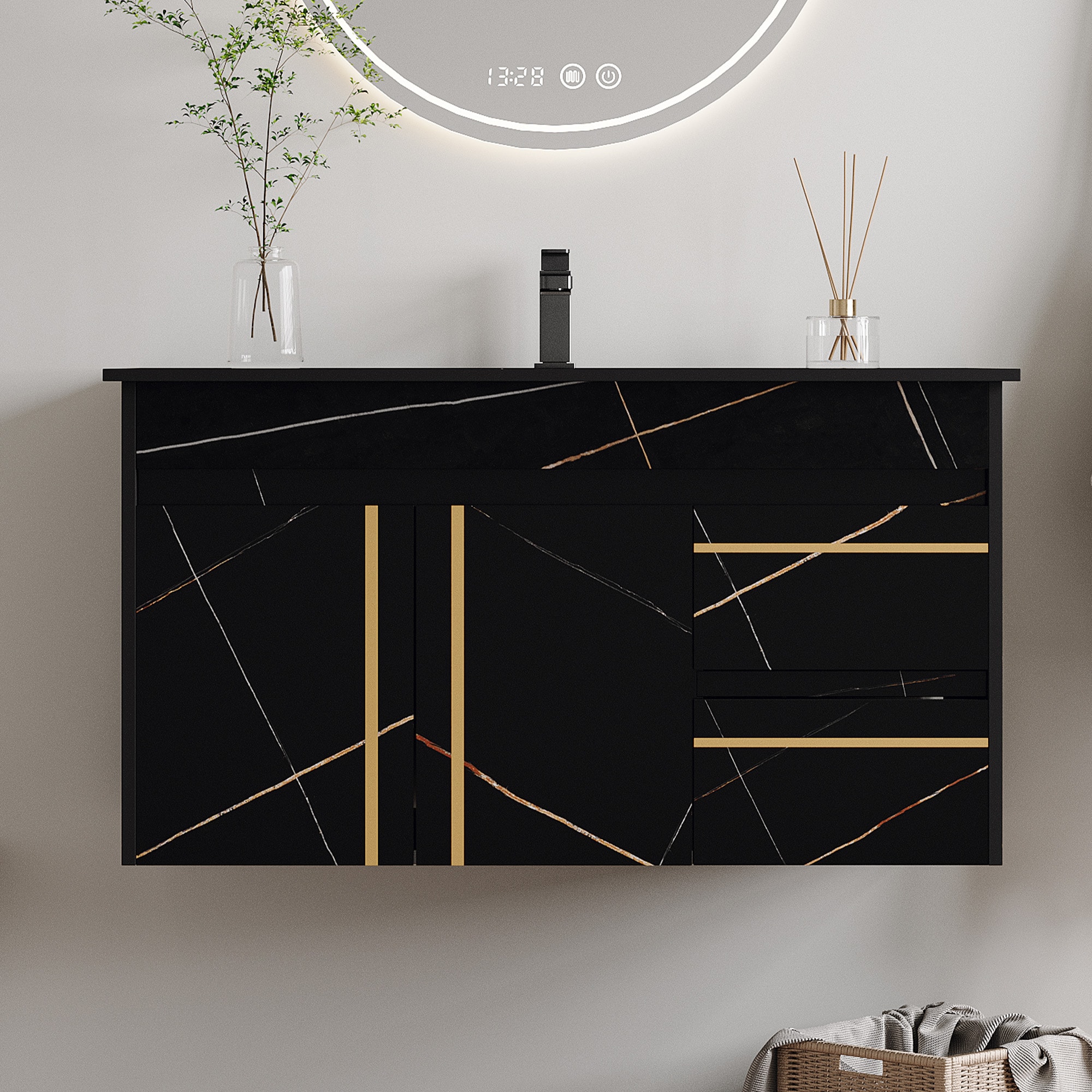 GDFStudio Luxury 35.4 in Floating Wall-Mounted Sintered Stone Bathroom Vanity with Ceramic Sink and Soft-Close Drawers - White+Black