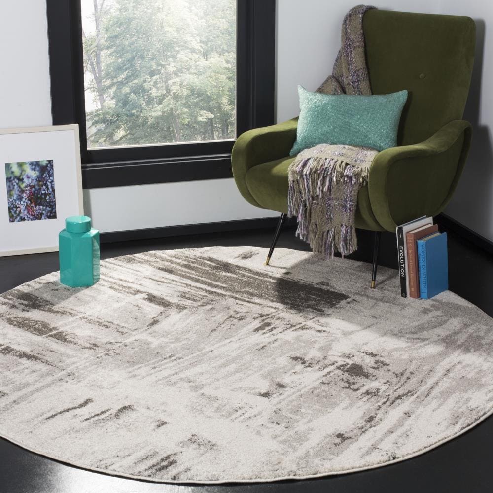 Ivory and Grey Round Synthetic Easy Care Area Rug