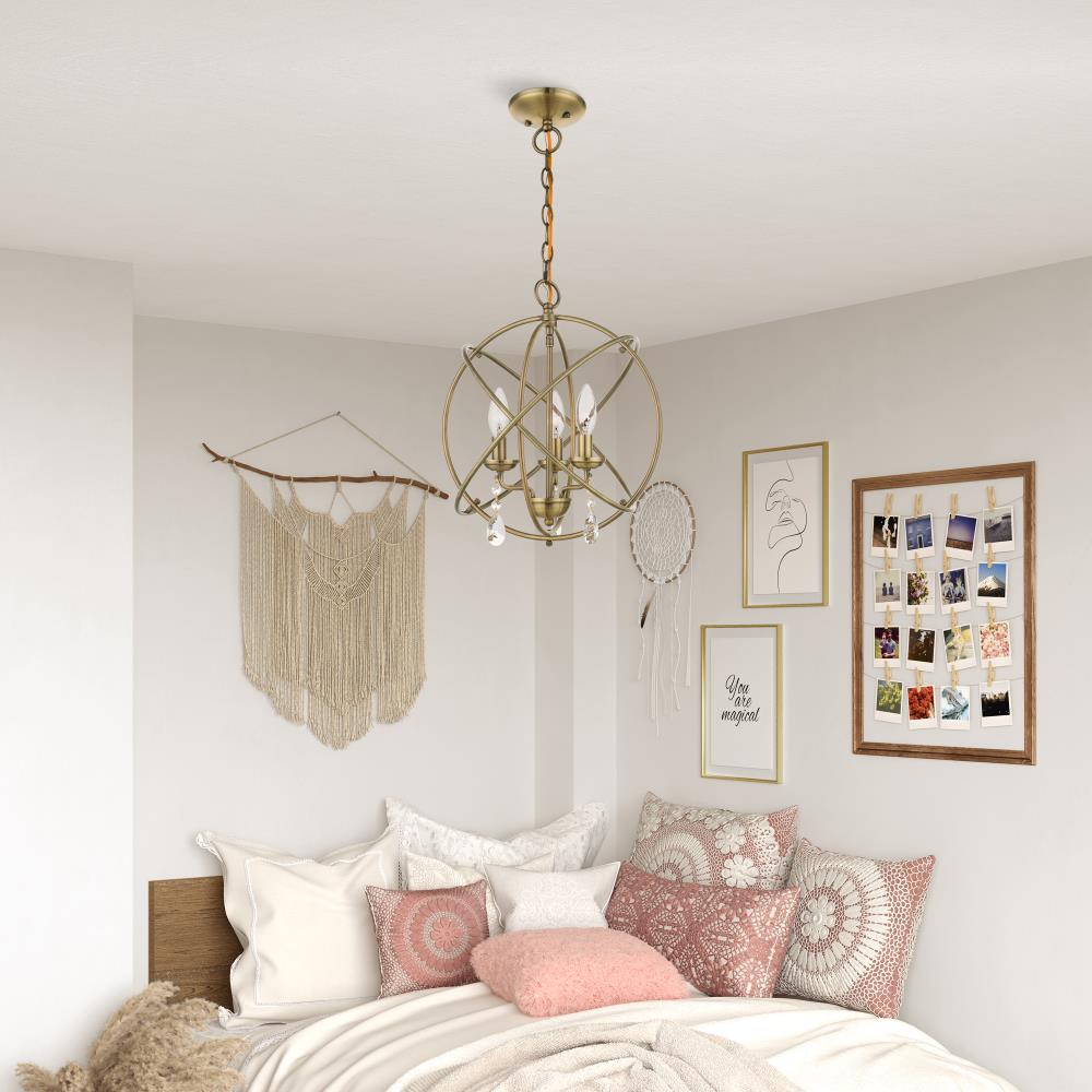 Antique Brass Mini 3-Light Chandelier with Teardrop Crystals
