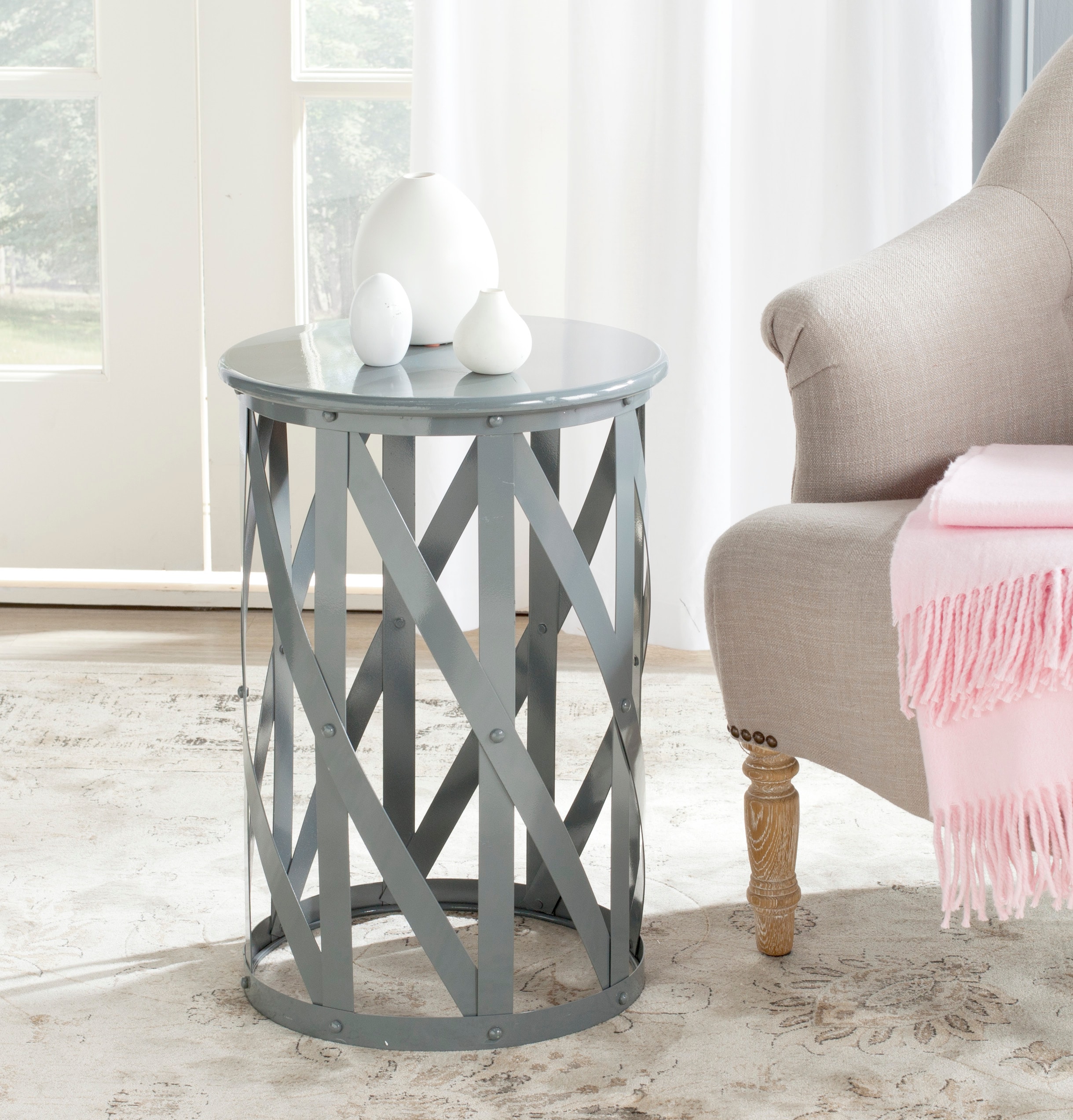 Gray Metal Round Lattice Accent Table