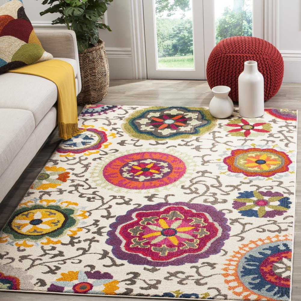 Ivory Synthetic Square Reversible Area Rug, 6'-7" x 6'-7"
