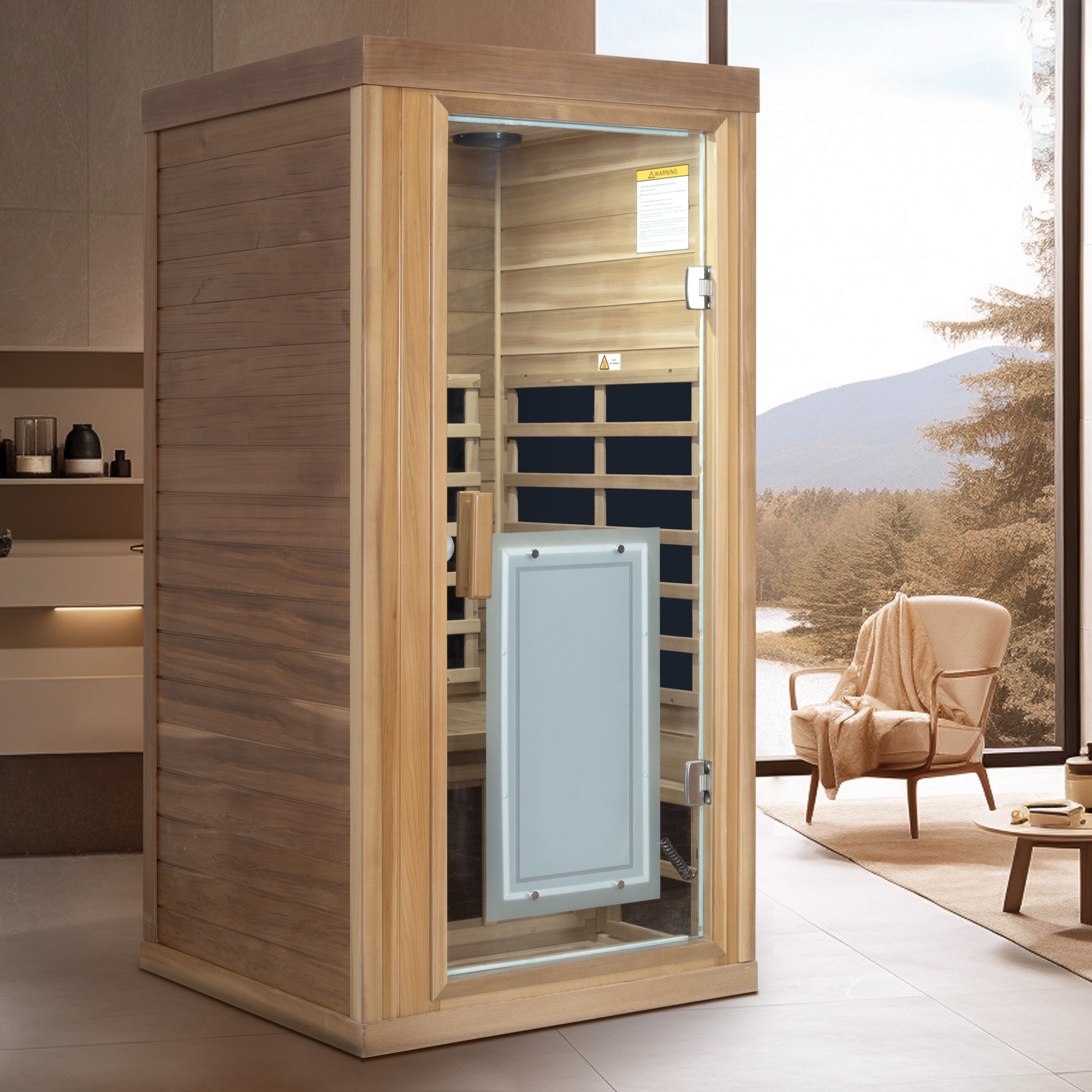 LOVMOR  1 Person Red Cedar Far Infrared Sauna Indoor Glass Door LED Control Red Finish 32W 32D 67H