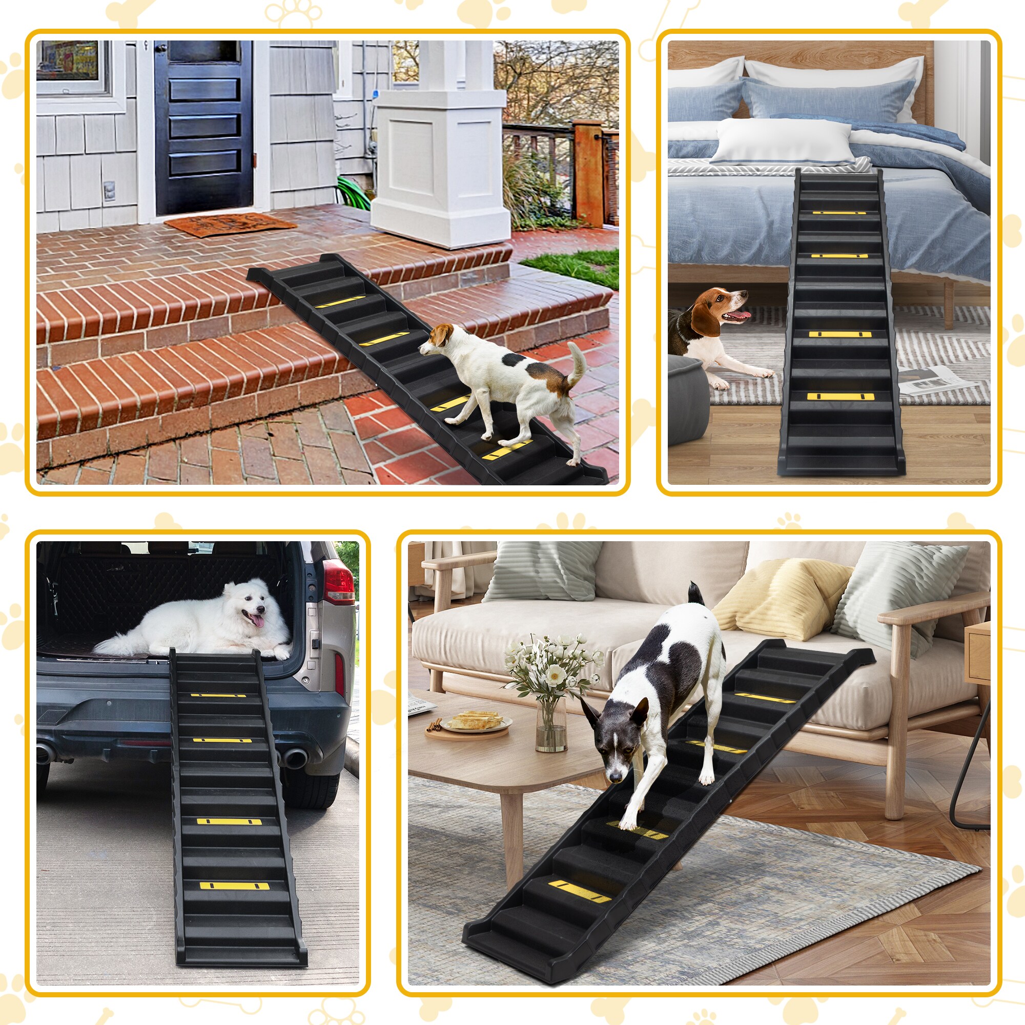 Foldable Black Plastic Pet Ramp with Steps for Cars and Beds