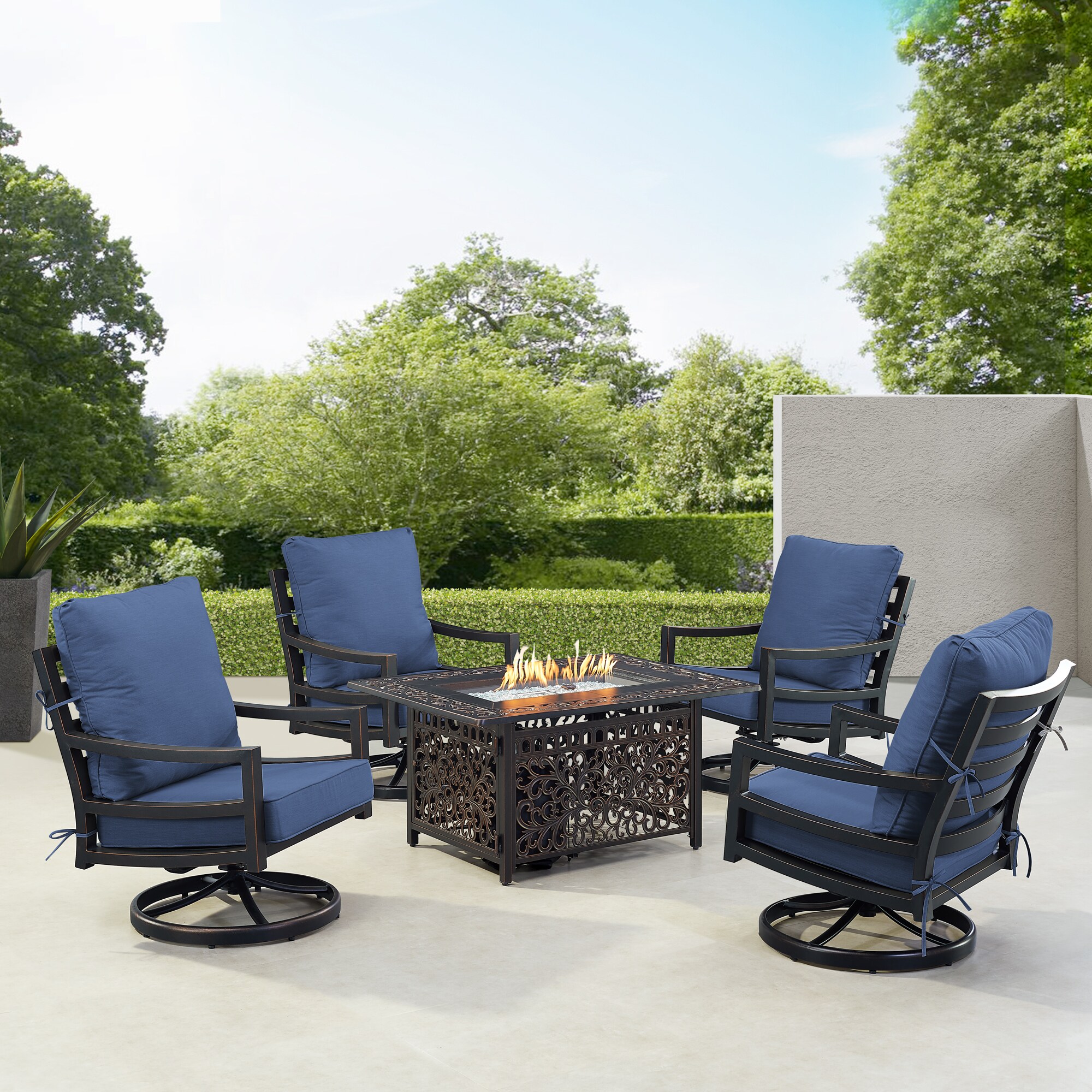 Oakland Living HUDSON4CHCABOSBLCU Fire Pit Table Set, Four Lounge Chairs and Wind Guard 14 -Piece Patio Conversation Set with Blue Cushions