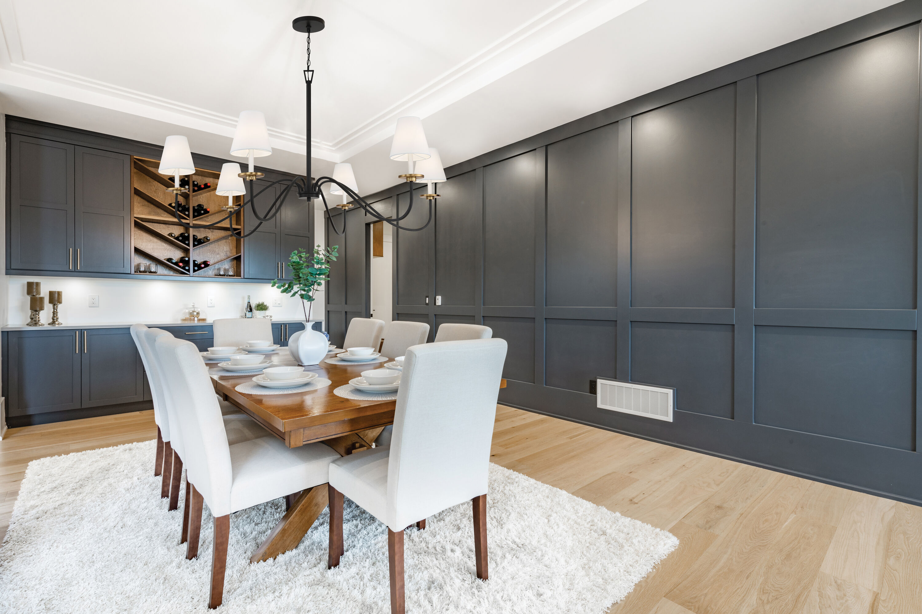 Black and Brass 6-Light Chandelier with White Shades