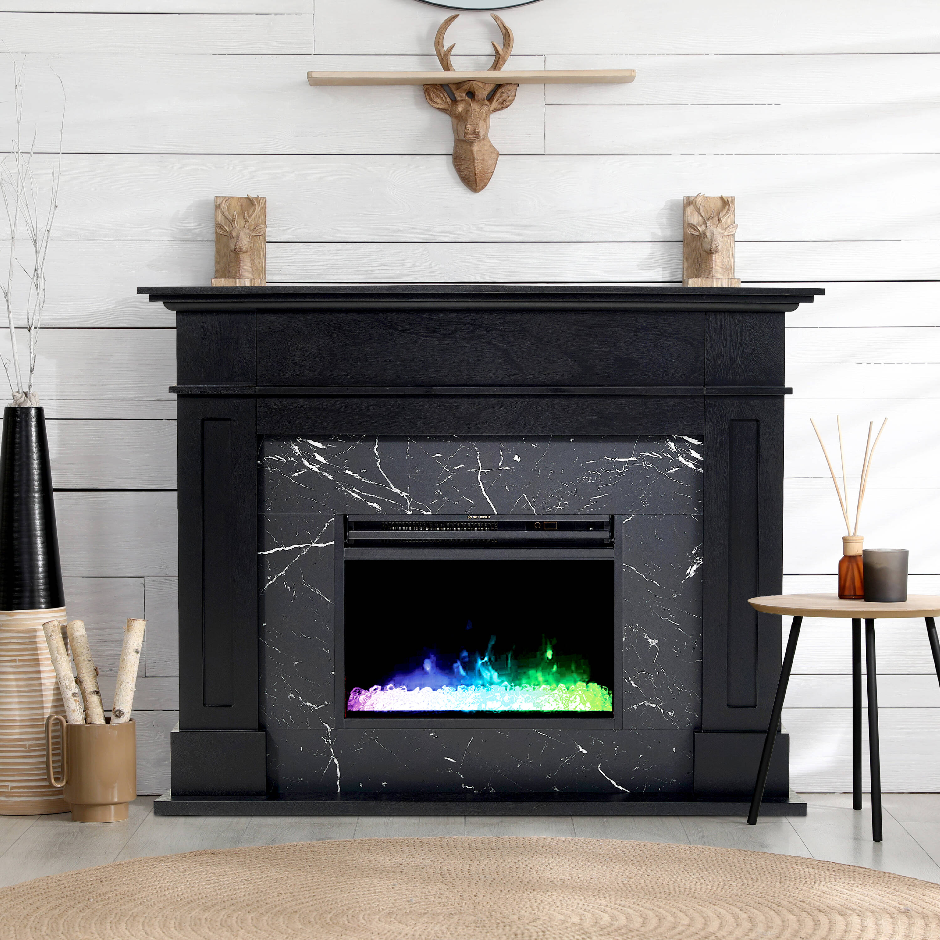 Cambridge CAM5617-1BLKCRS 53.5-in W Black Marble Free standing LED Flat wall Electric Fireplace with Remote Control Included