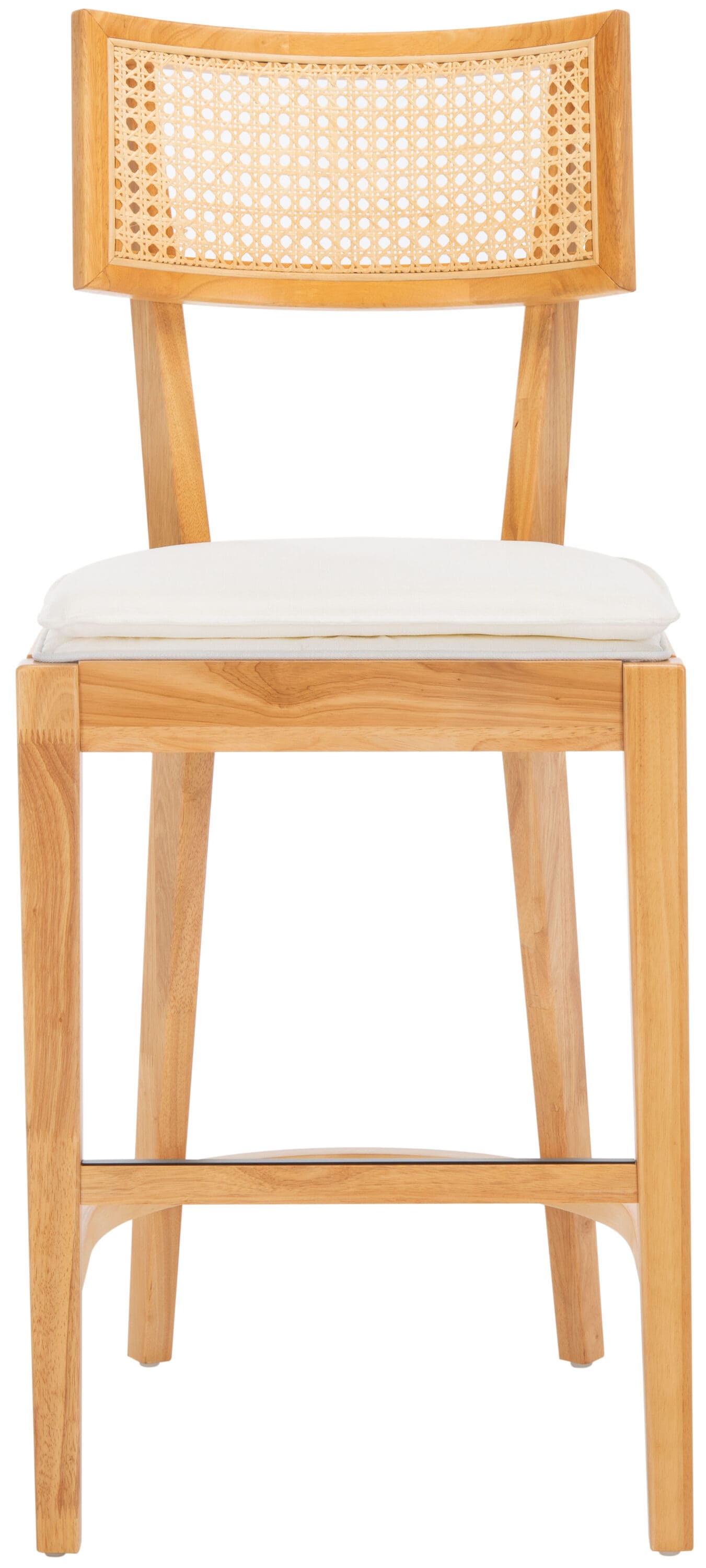 Natural Wood and Woven Cane Counter Stool with White Cushion
