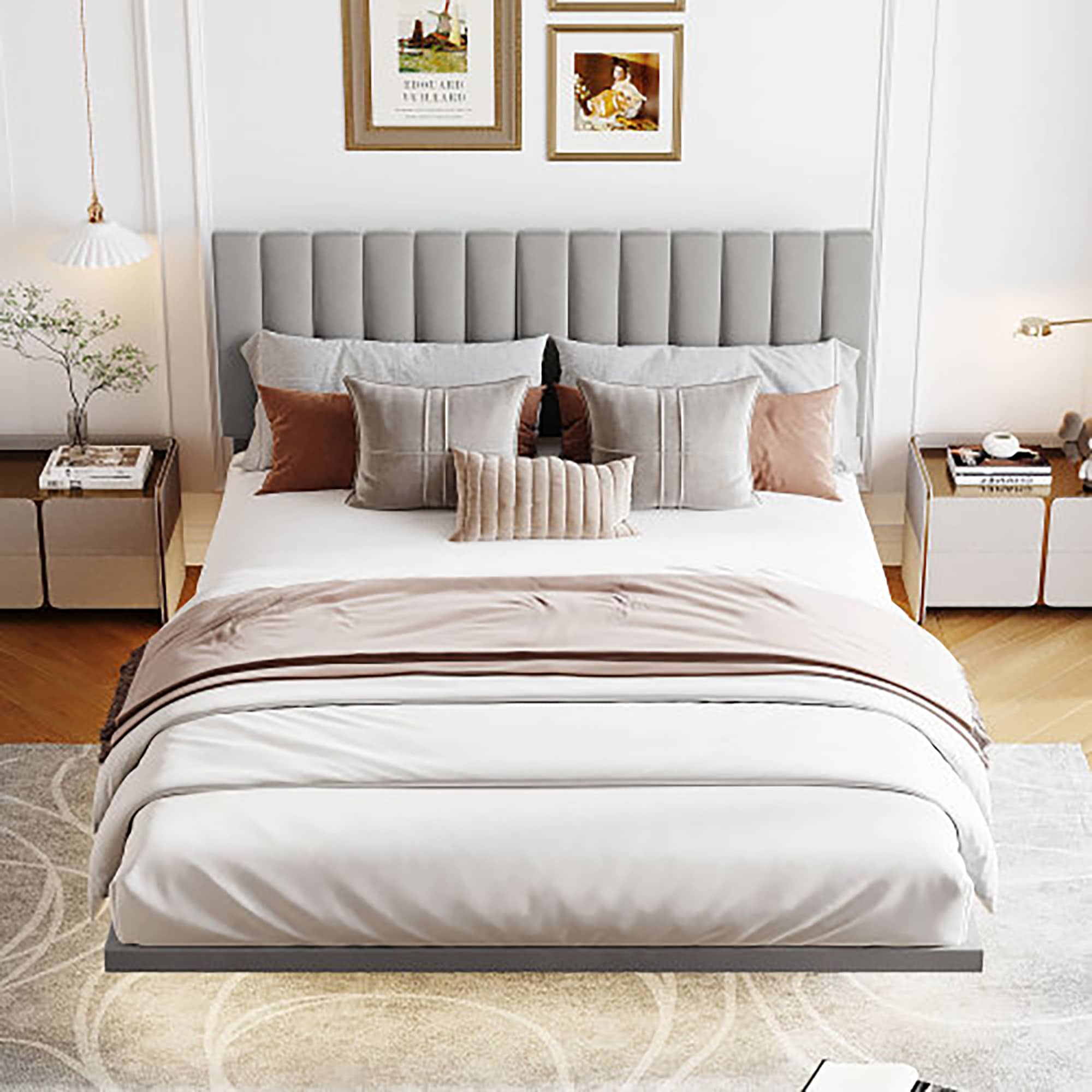 GZMR GZ-LW5618E Queen Size Upholstered Bed Gray Queen Wood Upholstered Bed