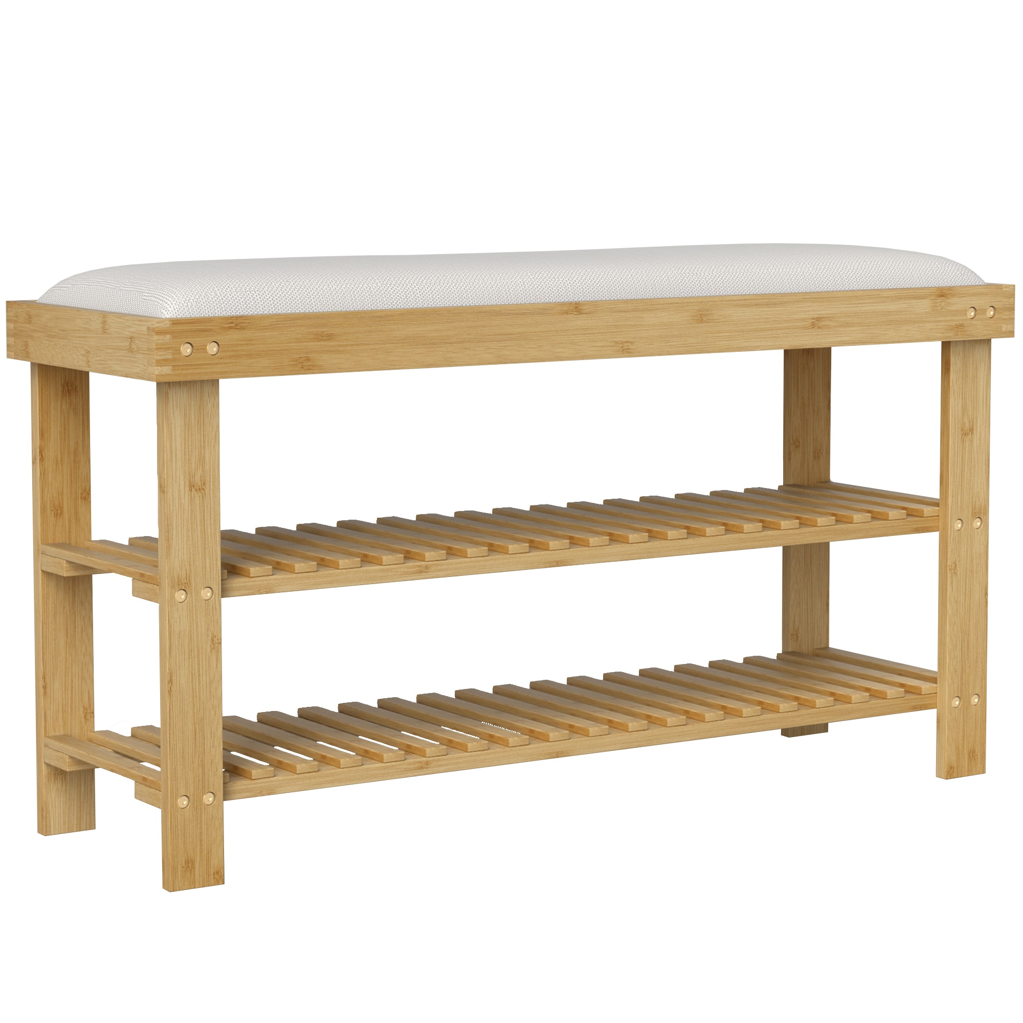 HomCom 837-539V01CW Bamboo Shoe Bench 3-Tier Entryway Bench with Storage and Cushion Shoe Organizer for Entryway Hallway Holds Up to 331 lbs 35.4 x 11.4 x 19.3 Inches Cream White