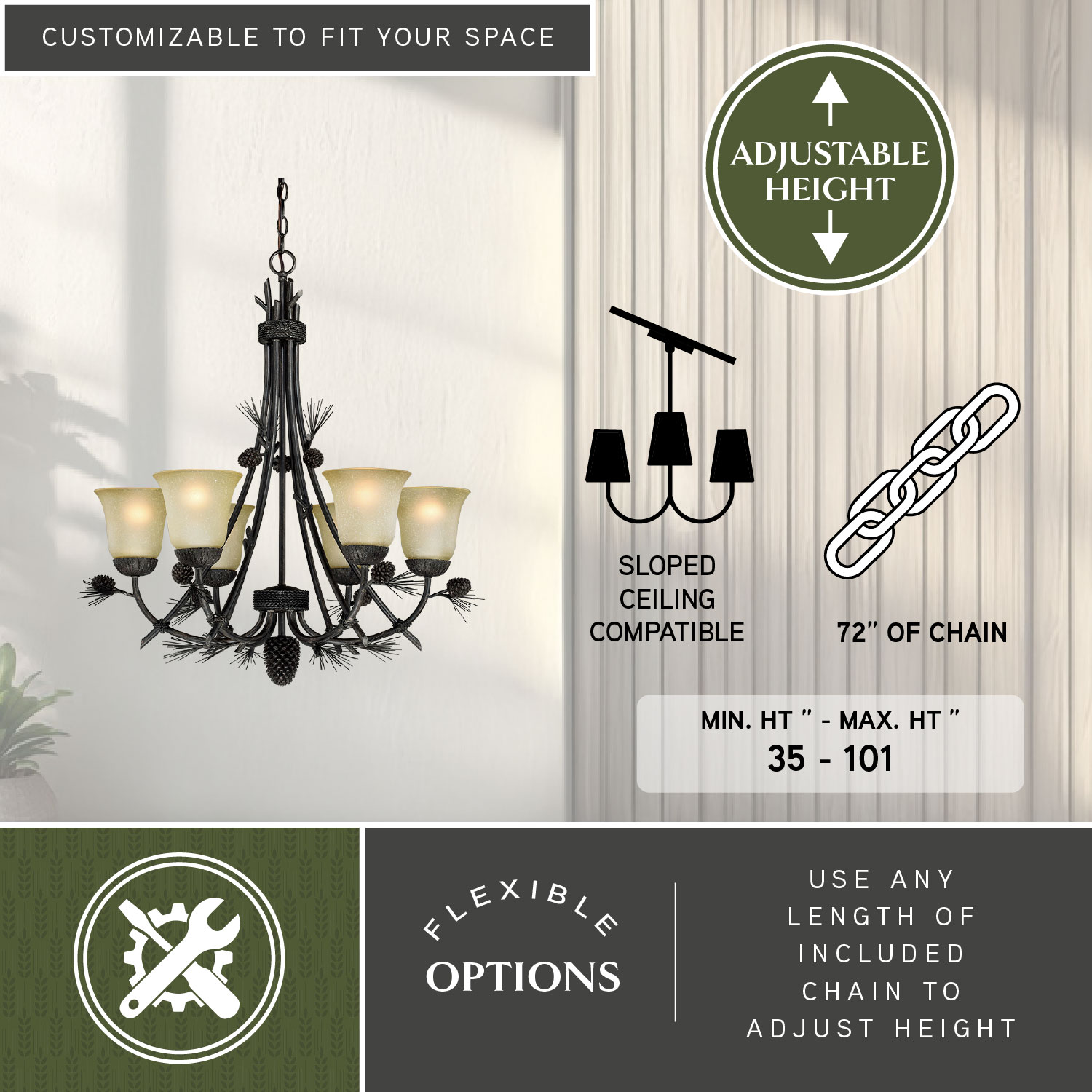Sierra 31" Bronze Rustic Chandelier with Frosted Glass