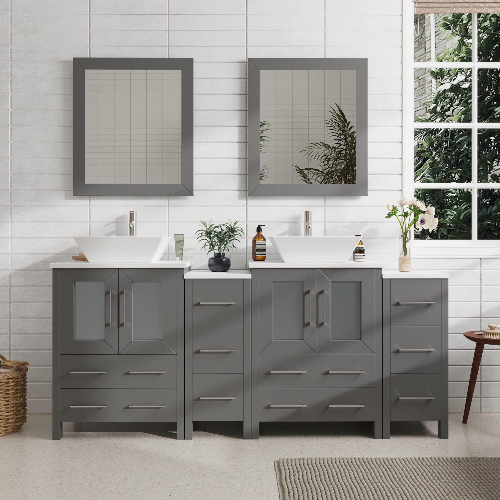 Vanity Art VA3124-72G Ravenna 72-in Grey Double sink Bathroom Vanity with White Engineered marble Top (Mirror Included)