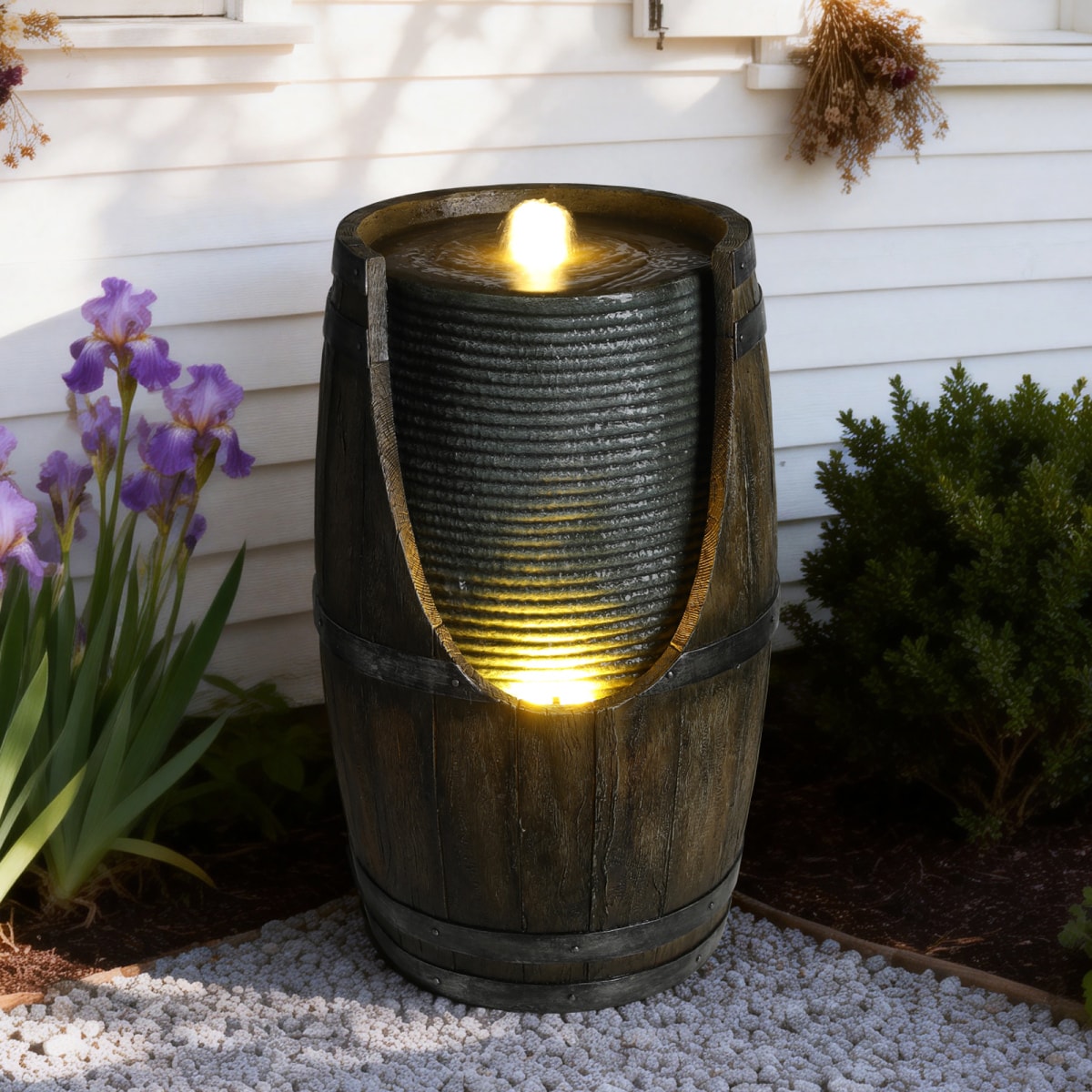 Streamdale Furniture Streamdale Wooden Barrel Outdoor Water Fountain with Lights