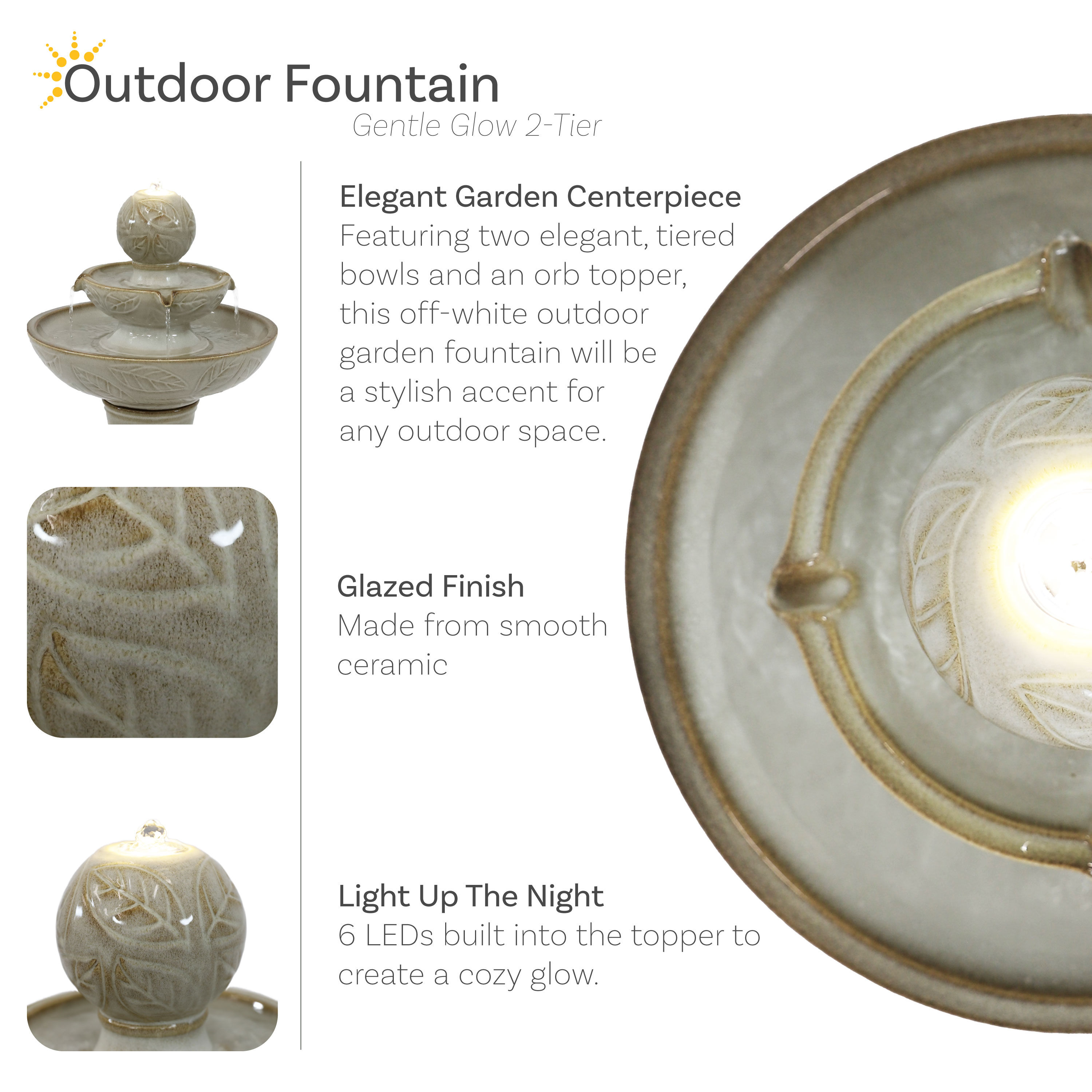 Off-White Ceramic 2-Tier Outdoor Fountain with LED Lights