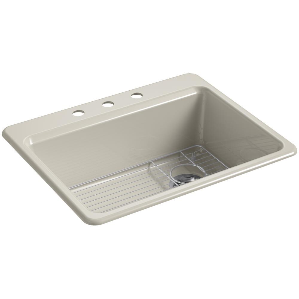 KOHLER 8668-3A1-G9 Riverby Drop-In 27-in x 22-in Sandbar Single Bowl 3-Hole Workstation Kitchen Sink