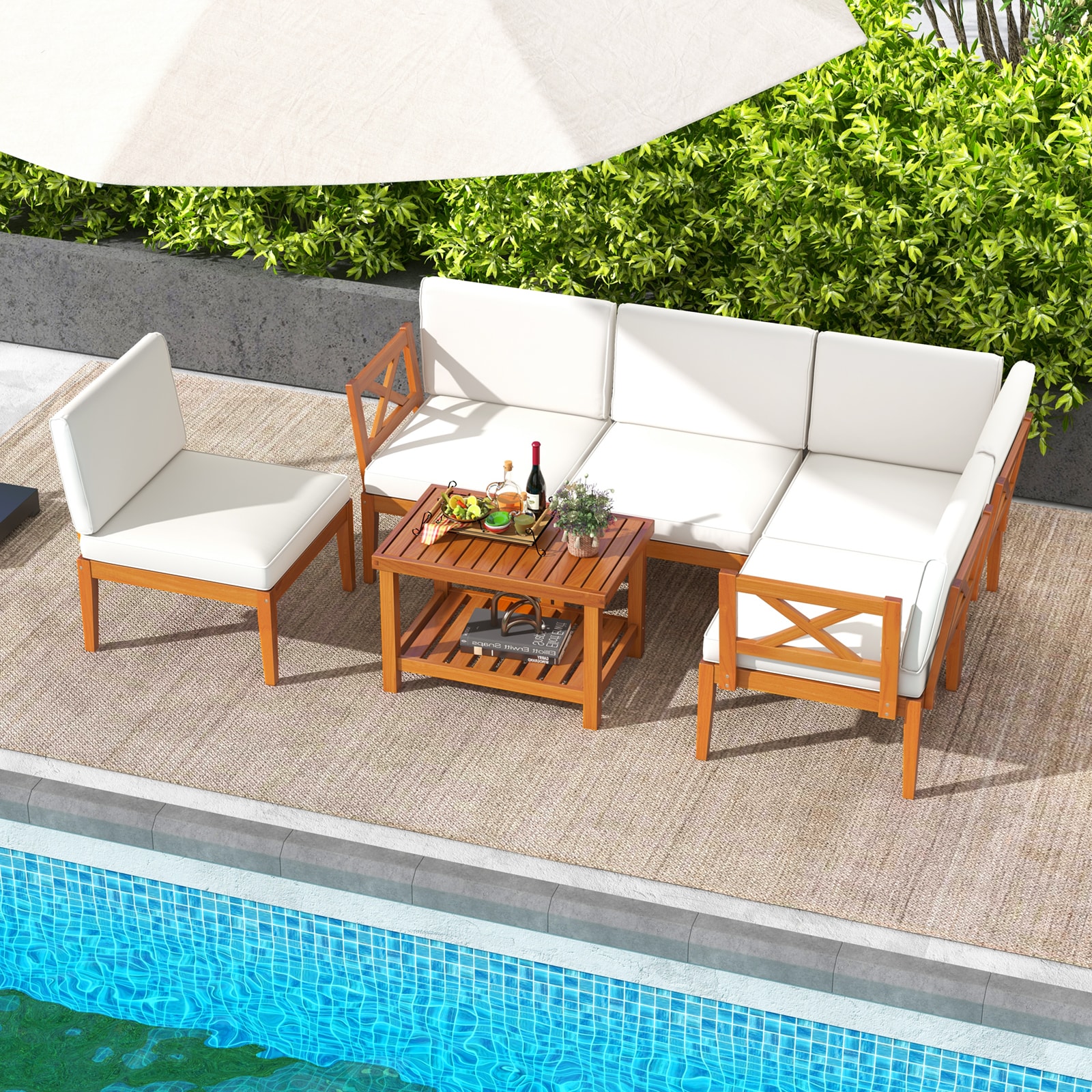 LIVIZA OUJ72947WH-X Outdoor Sectional with White Cushions and Wood Frame