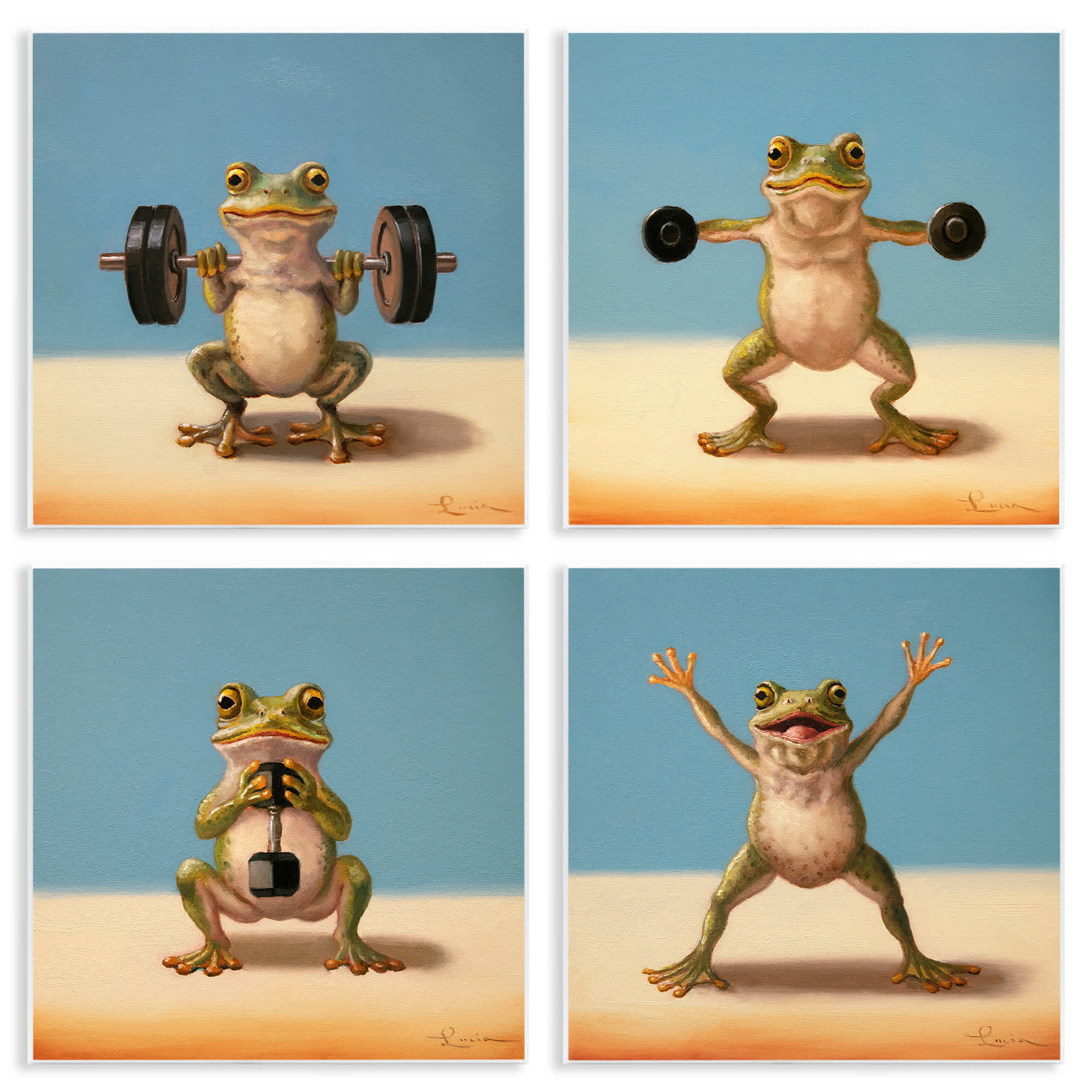 Stupell Industries A4-265-WD-4PC-12X12 Weightlifting Frogs Various Workouts 4pc Wall Plaque Set Design by Lucia Heffernan