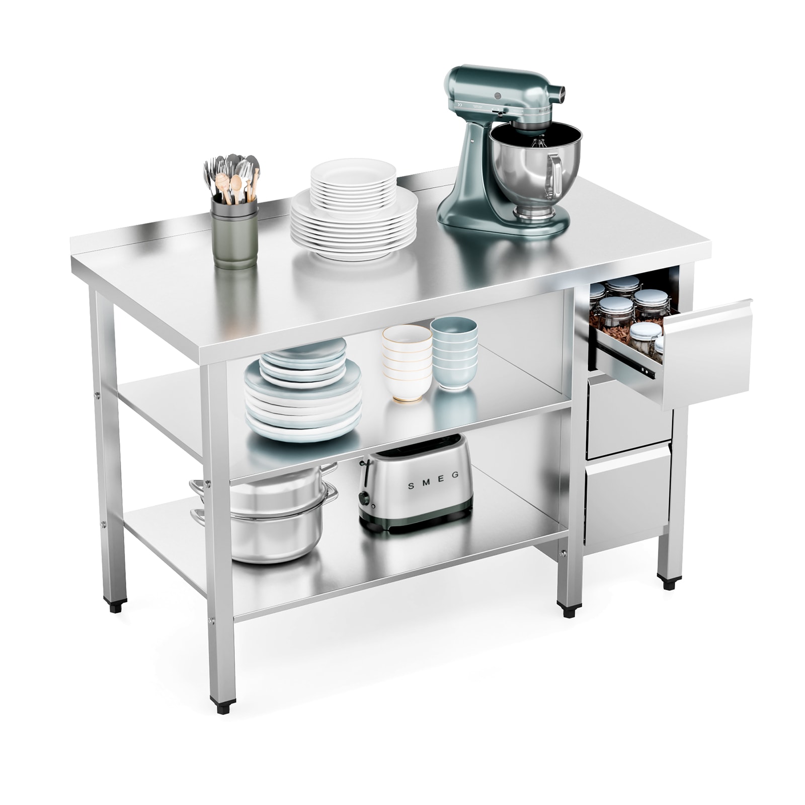 ROVSUN 48 x 24 Stainless Steel Table with 3 Drawers Undershelf for Commercial Kitchen Restaurant Home Hotel and Garage