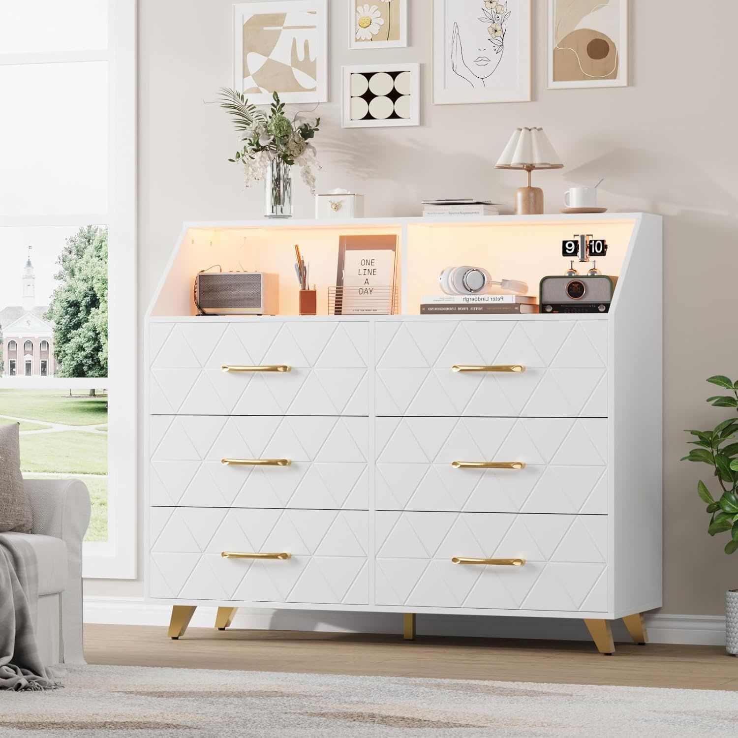Garvee Modern 6 Drawer Double Dresser with Charging Station Chest of  Drawers with Led Light Strip Large Wooden Dresser Cabinet for Bedroom  Living Room Hallway Entryway in the Dressers department at Lowes.com