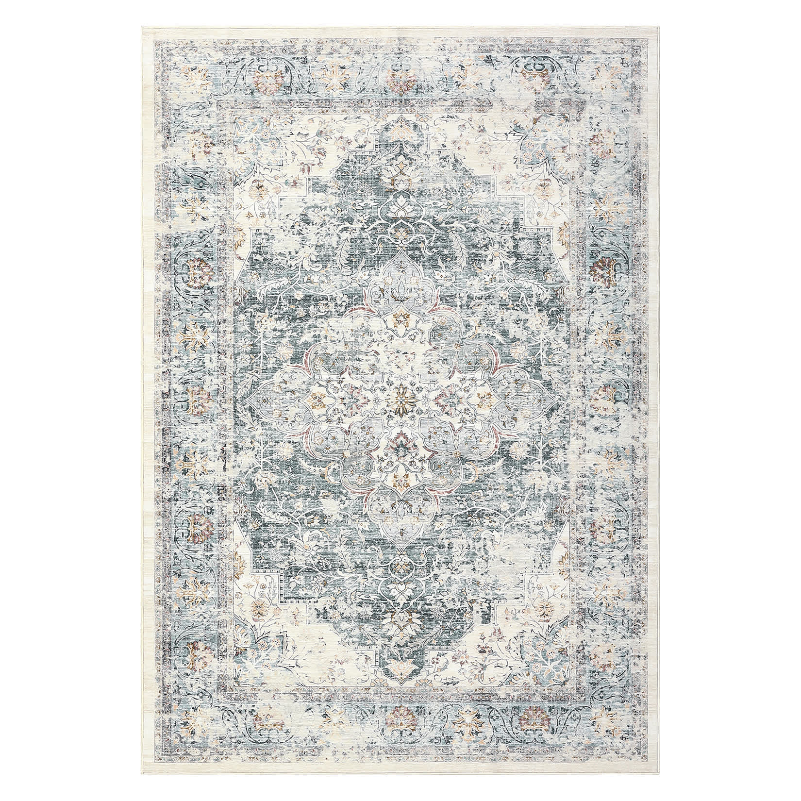 Qeetex LSN-PHO-15N6OYK6 5 x 7 ft Polyester Imitation Cashmere Gray Green Rectangular Hallway Bathroom Entryway Kitchen Office Foldable Flower Printed Persian Washable Area Rug
