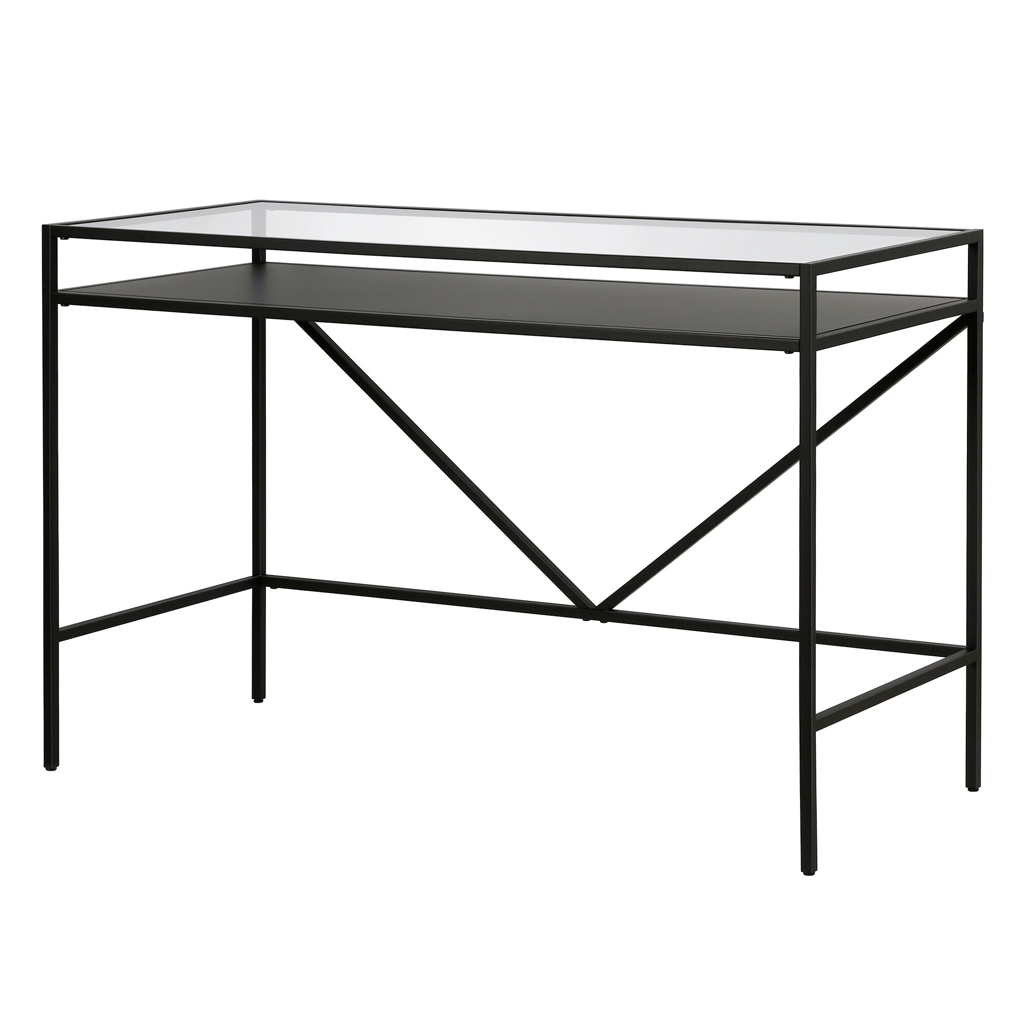 Sleek Blackened Bronze Desk with Tempered Glass Top and Metal Shelf