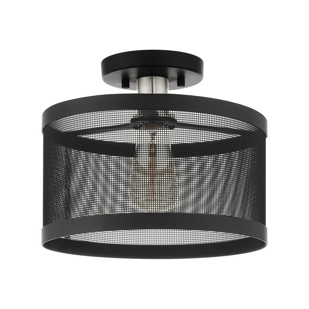 Modern Indoor/Outdoor LED Drum Semi-Flush Mount in Black & Brushed Nickel