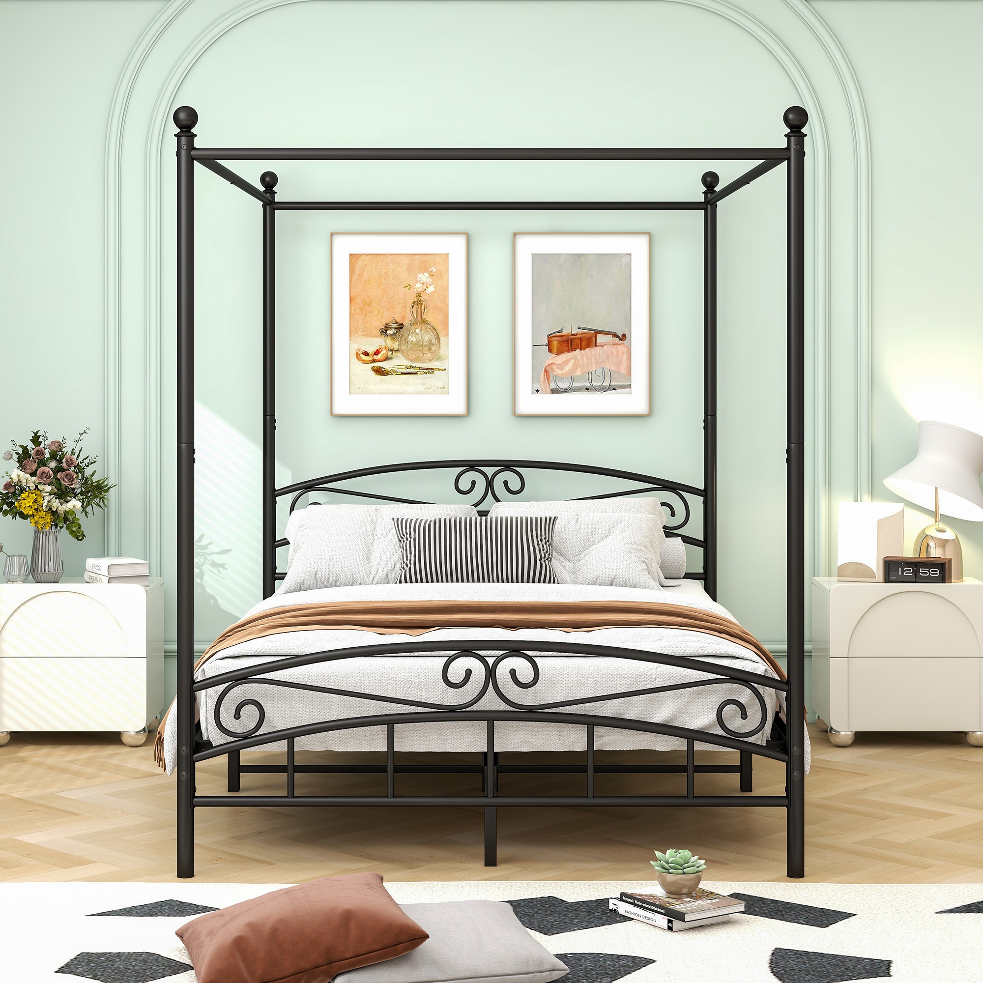 Tatayosi JJ-84034157 Queen Size Metal Canopy Bed Frame with Headboard and Footboard Black