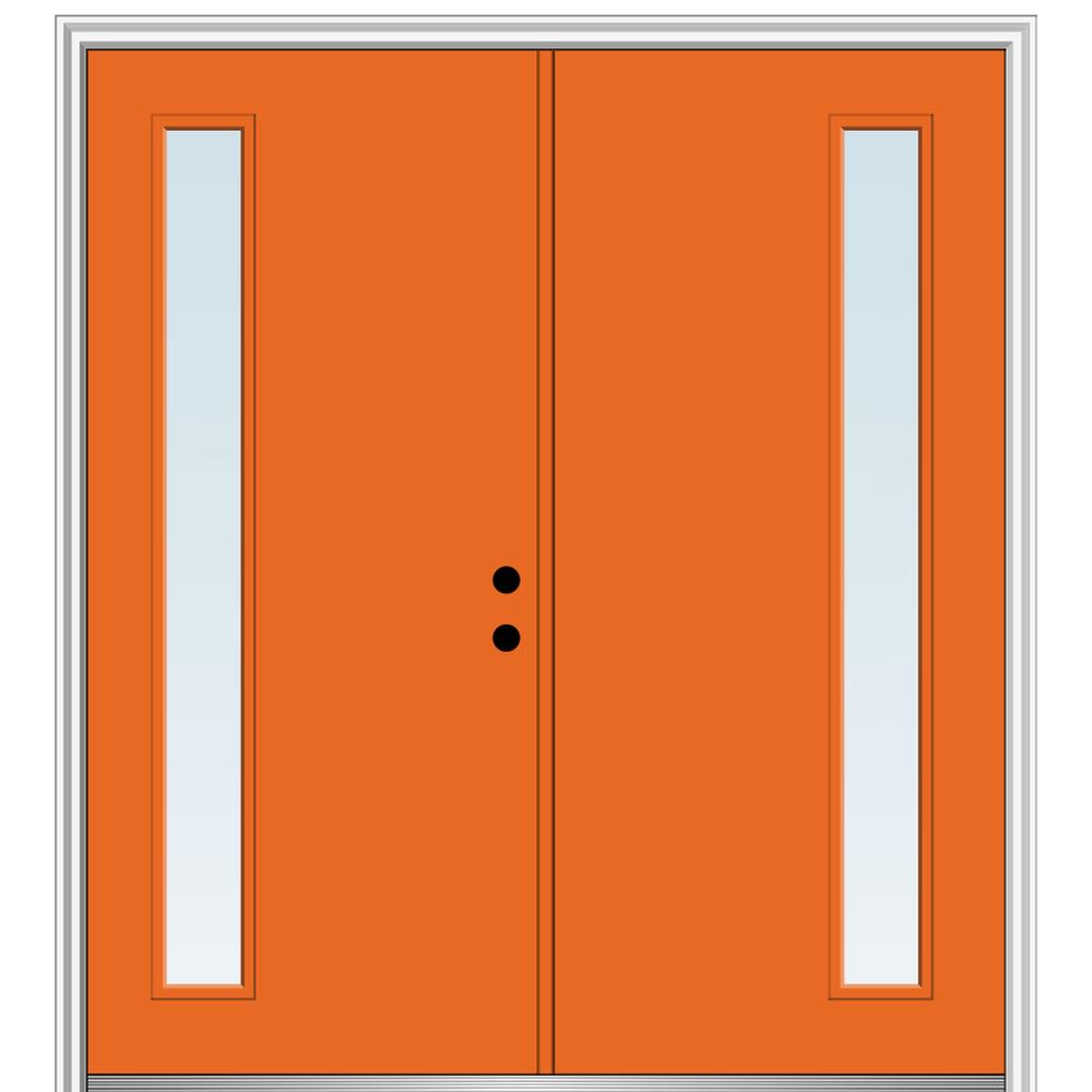 MMI DOOR Spotlights 72-in x 80-in x 4-9/16-in Fiberglass Pulse lite Left-hand inswing Tangerine Painted Prehung Double Front Door with Brickmould Insulating core