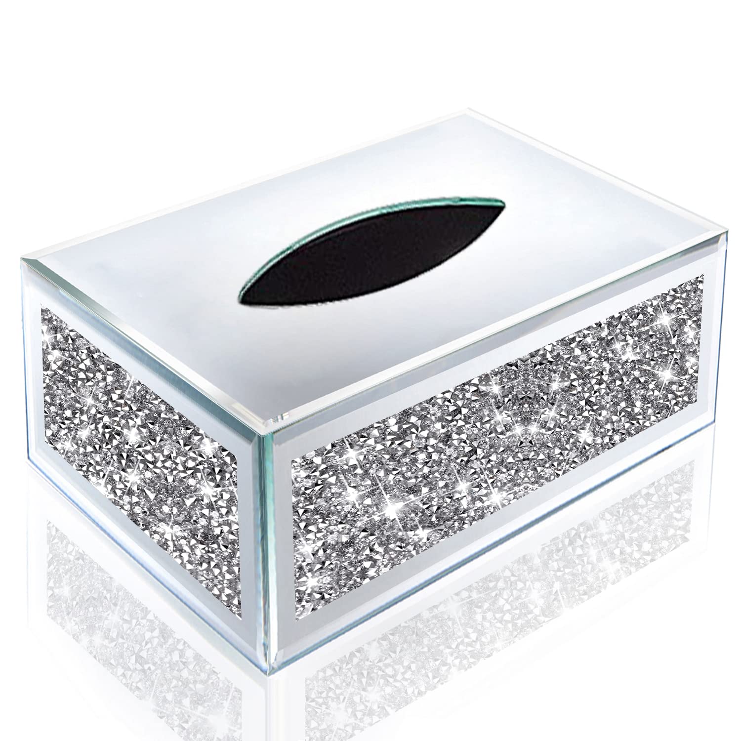 Aoibox  Rectangular Mirrored Tissue Box Cover with Crystal Diamonds 10 in W x 5 7 in D x 4 in H for Napkins