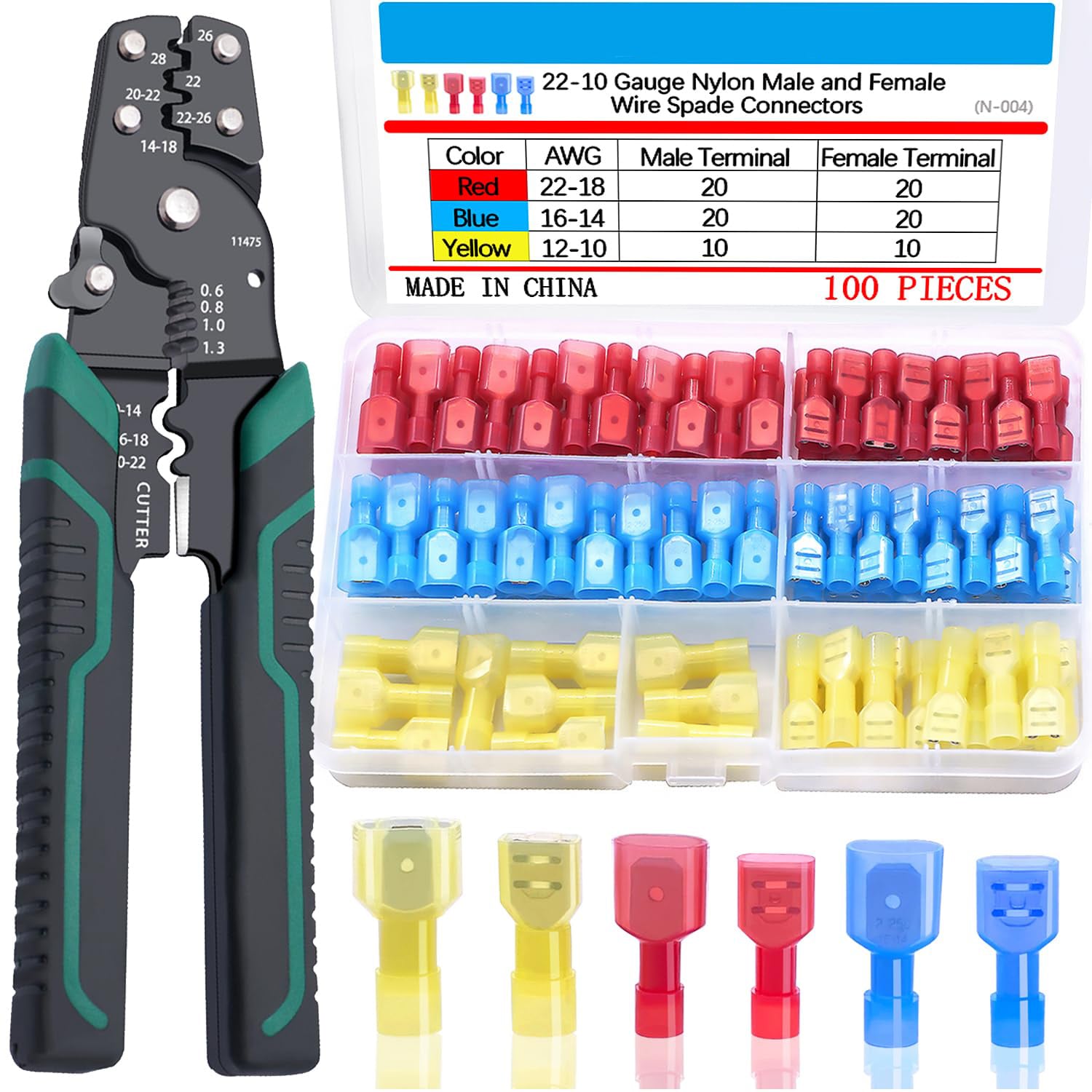 Etokfoks  Nylon Insulated Male Female Quick Spade Terminal Connectors and Crimping Tool Kit Red Blue Yellow AWG 22 10