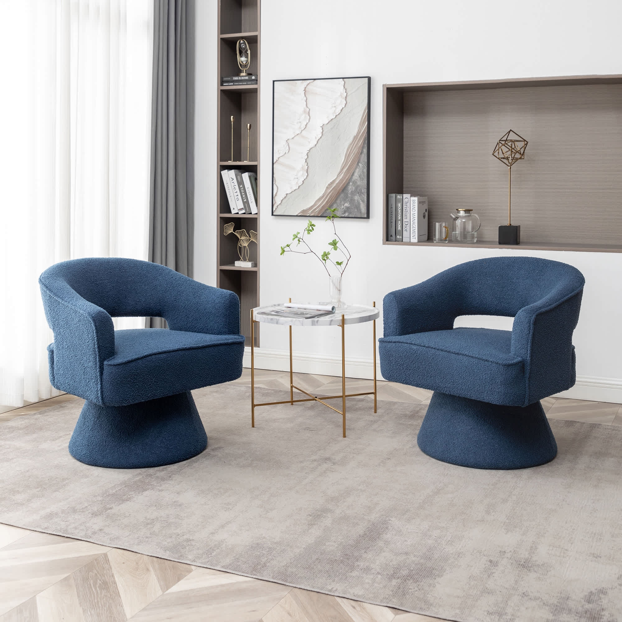 SEYNAR FJ600-NAVY-S2 Modern Glam Open Back Velvet Upholstered Round Swivel Accent Arm Barrel Chair for Living Room Set of 2