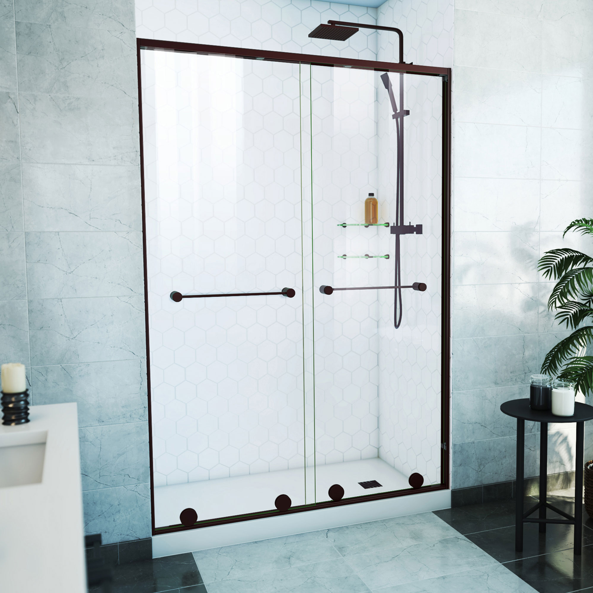 DreamLine SDHA54W760VXX06 Harmony Oil Rubbed Bronze 50-in to 54-in W x 76-Inches H Semi-frameless Bypass Sliding Shower door 3/8-in Thick Clear Glass