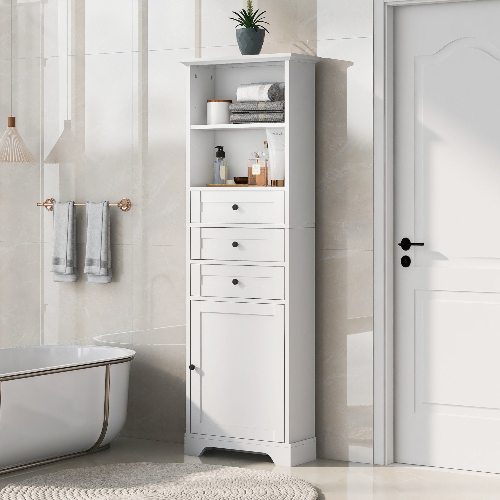 Dexmalle WF323347AAK 22-in x 67.3-in x 10-in White Freestanding Linen Cabinet with Three Drawers