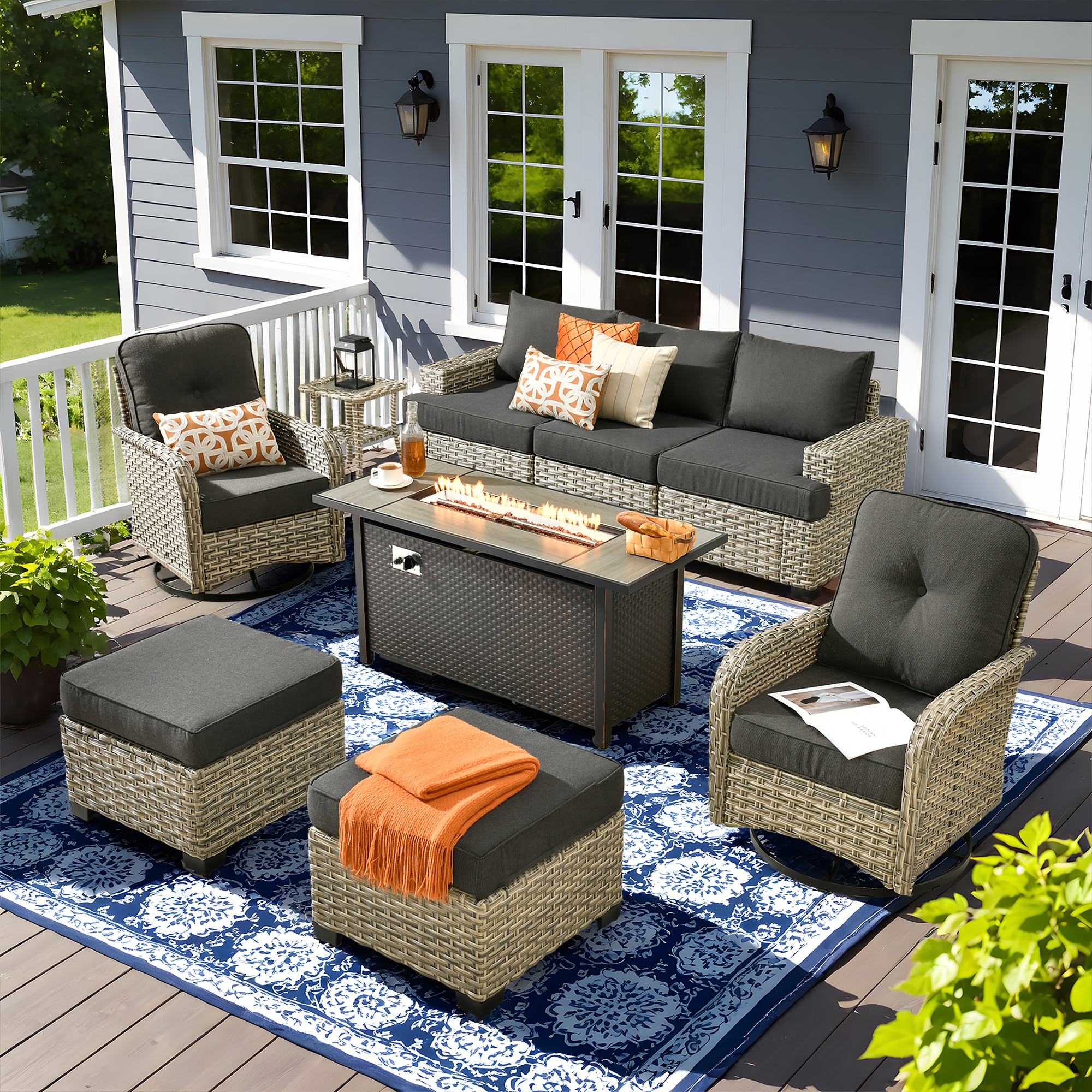 Pouuin SDFPVYZBS106 8 -Piece Wicker Patio Sofa Conversation Set with Black Cushions