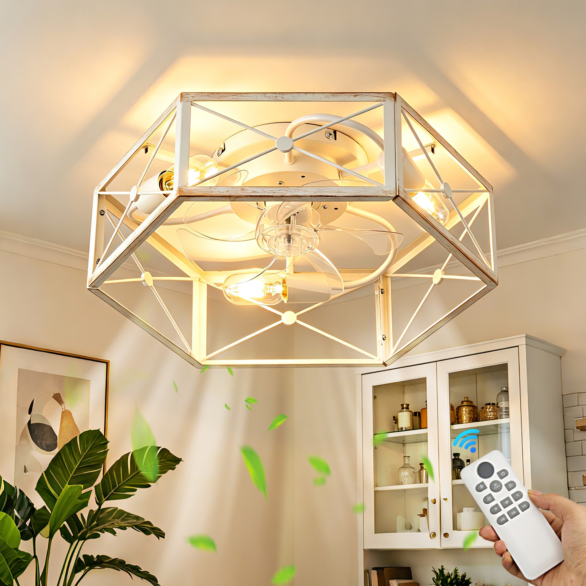 Lanmate  White Flush Mount Ceiling Fan with Lights and Remote Control Farmhouse Hexagon Ceiling Fan 20-in