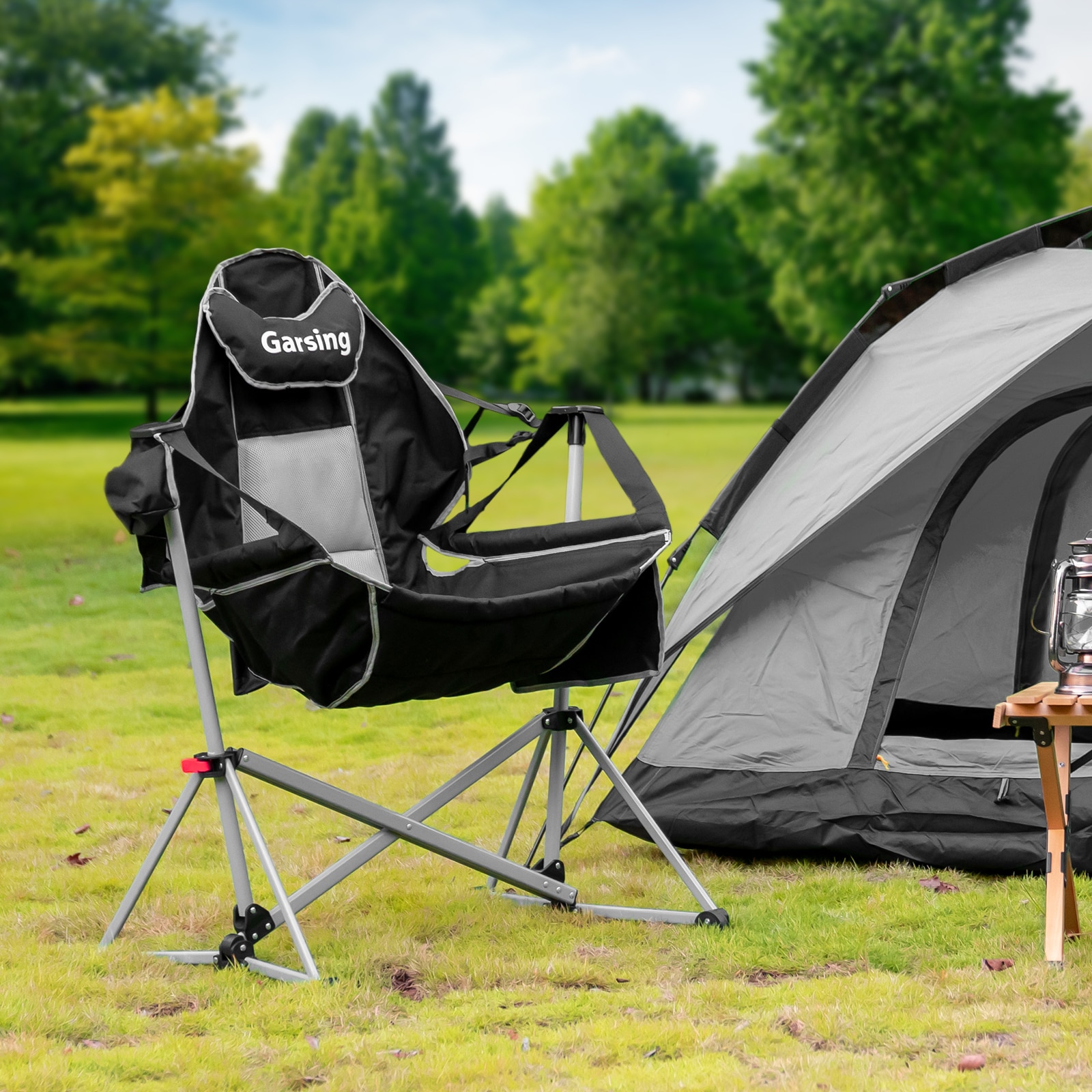 GARSING CAMPING CHAIRS-BLACK PVC olefin Black Folding Camping chair Carrying Strap/Handle Included
